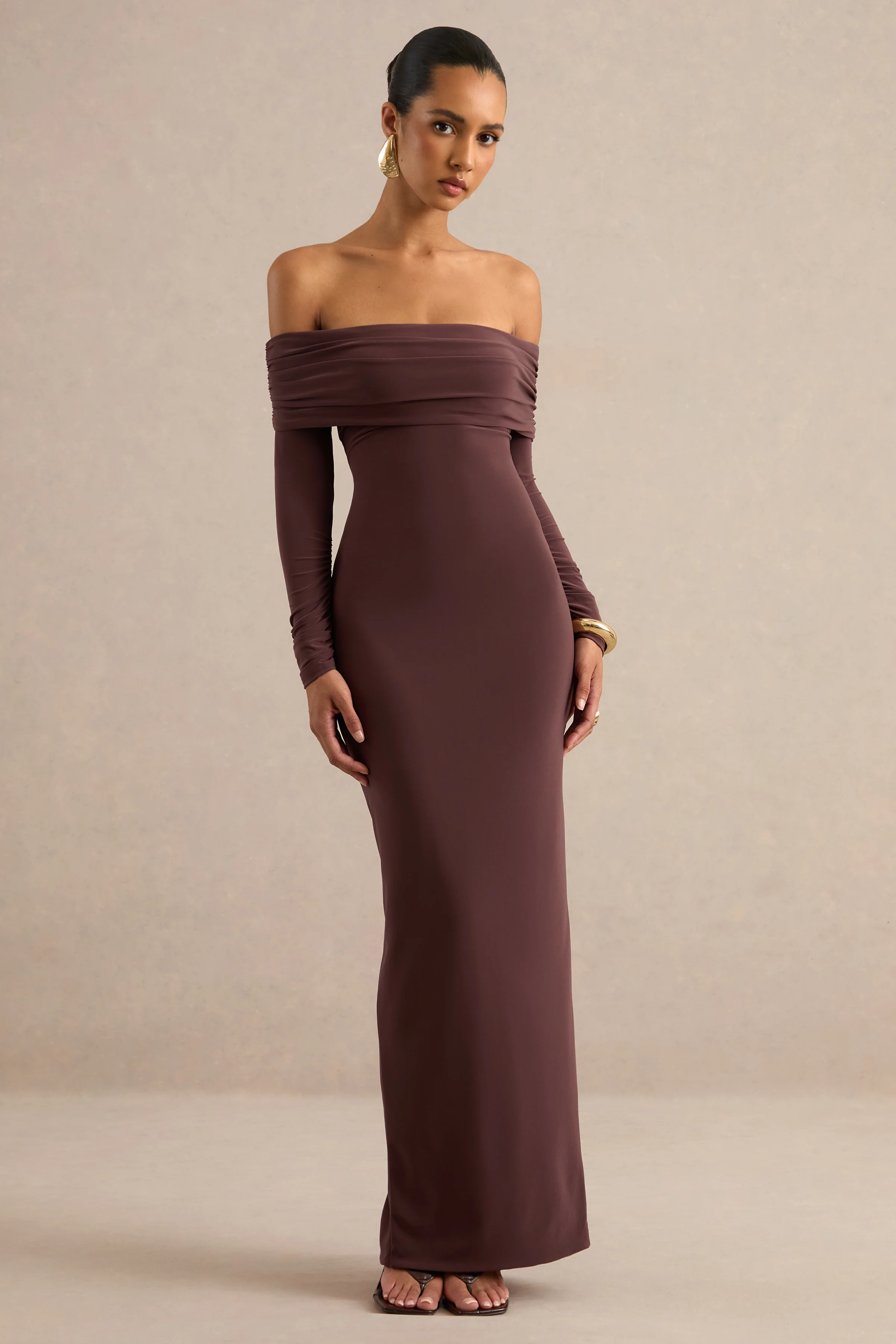 Keirae | Dark Brown Jersey Ruched Bardot Long Sleeve Maxi Dress With Tie Back And Back Split