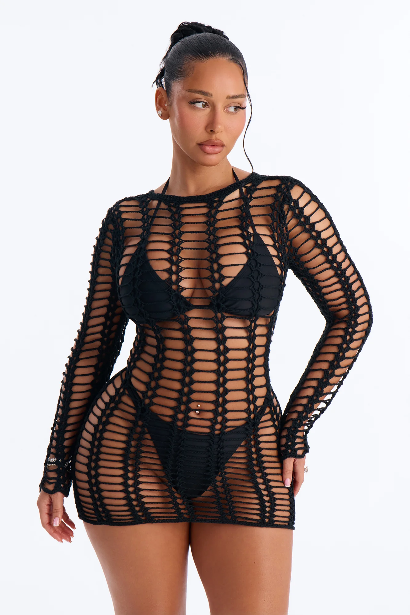 Beach Bound Crochet Long Sleeve Mini Cover Up Dress - Black