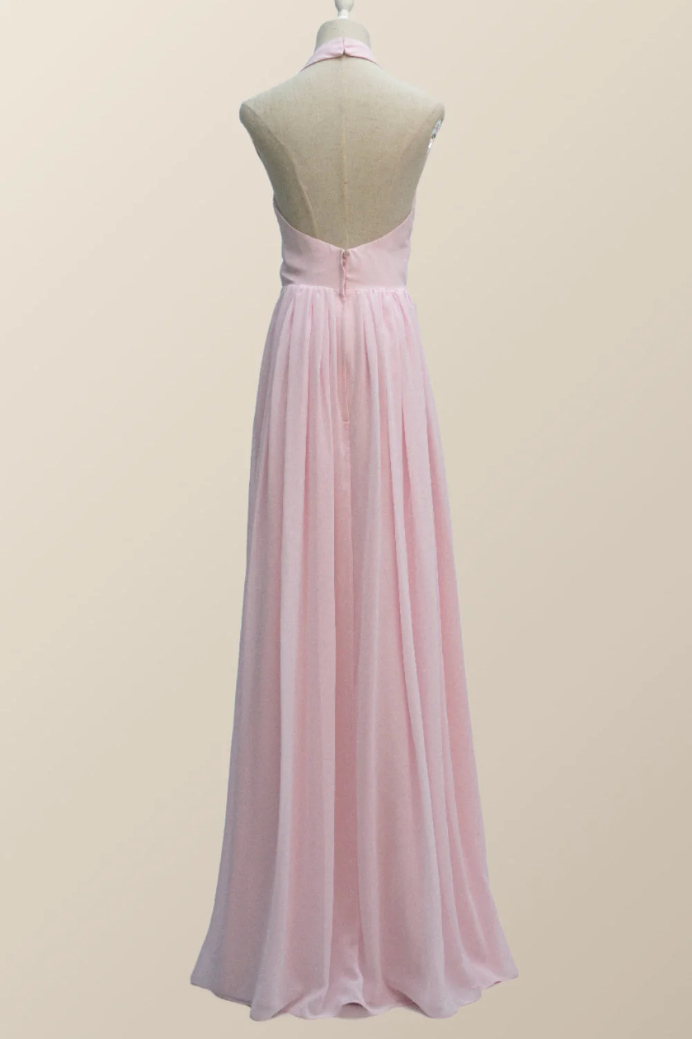 Halter Pink Chiffon A-line Long Bridesmaid Dress