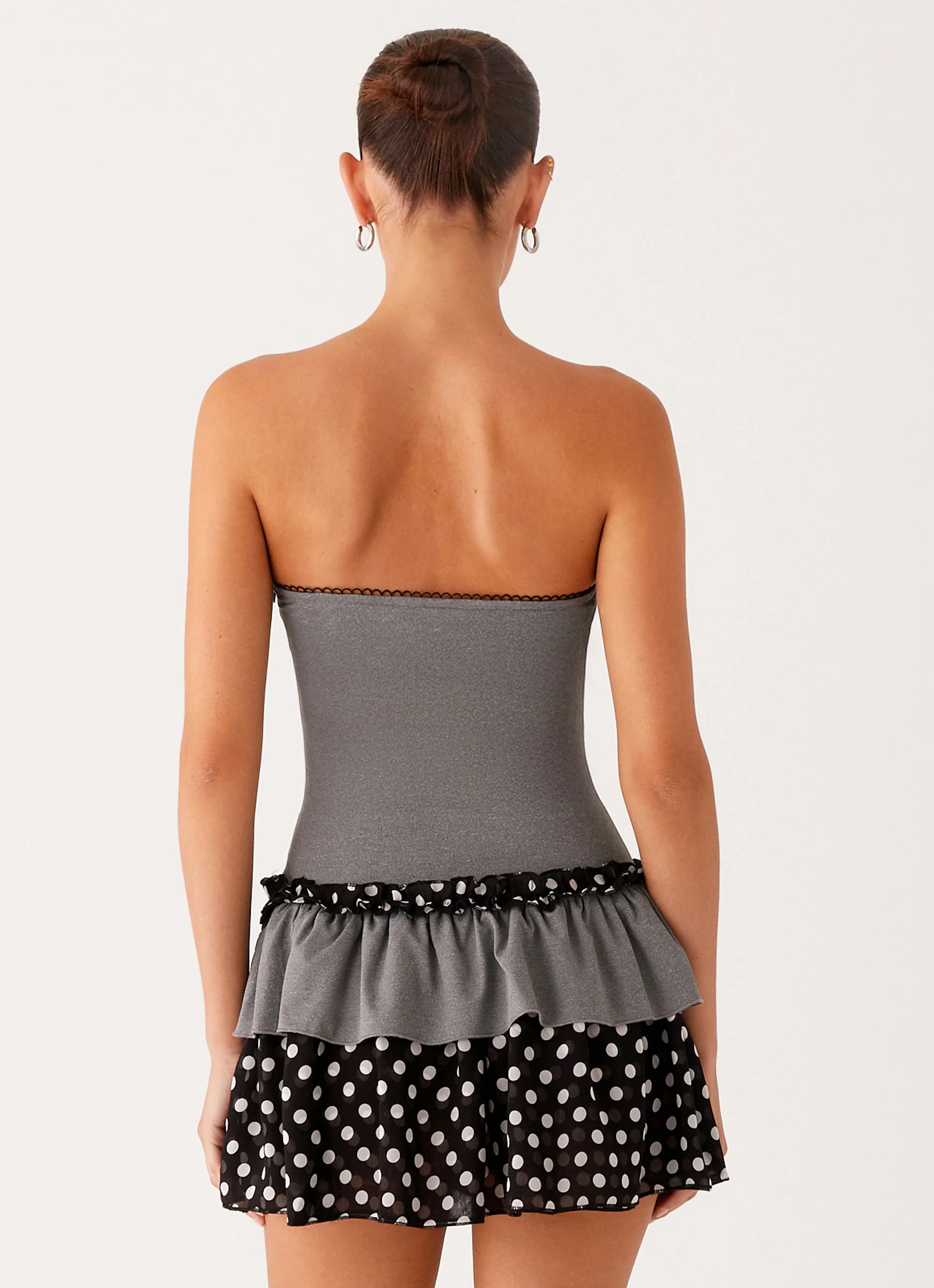 Yerin Strapless Frill Mini Dress - Grey Polkadot