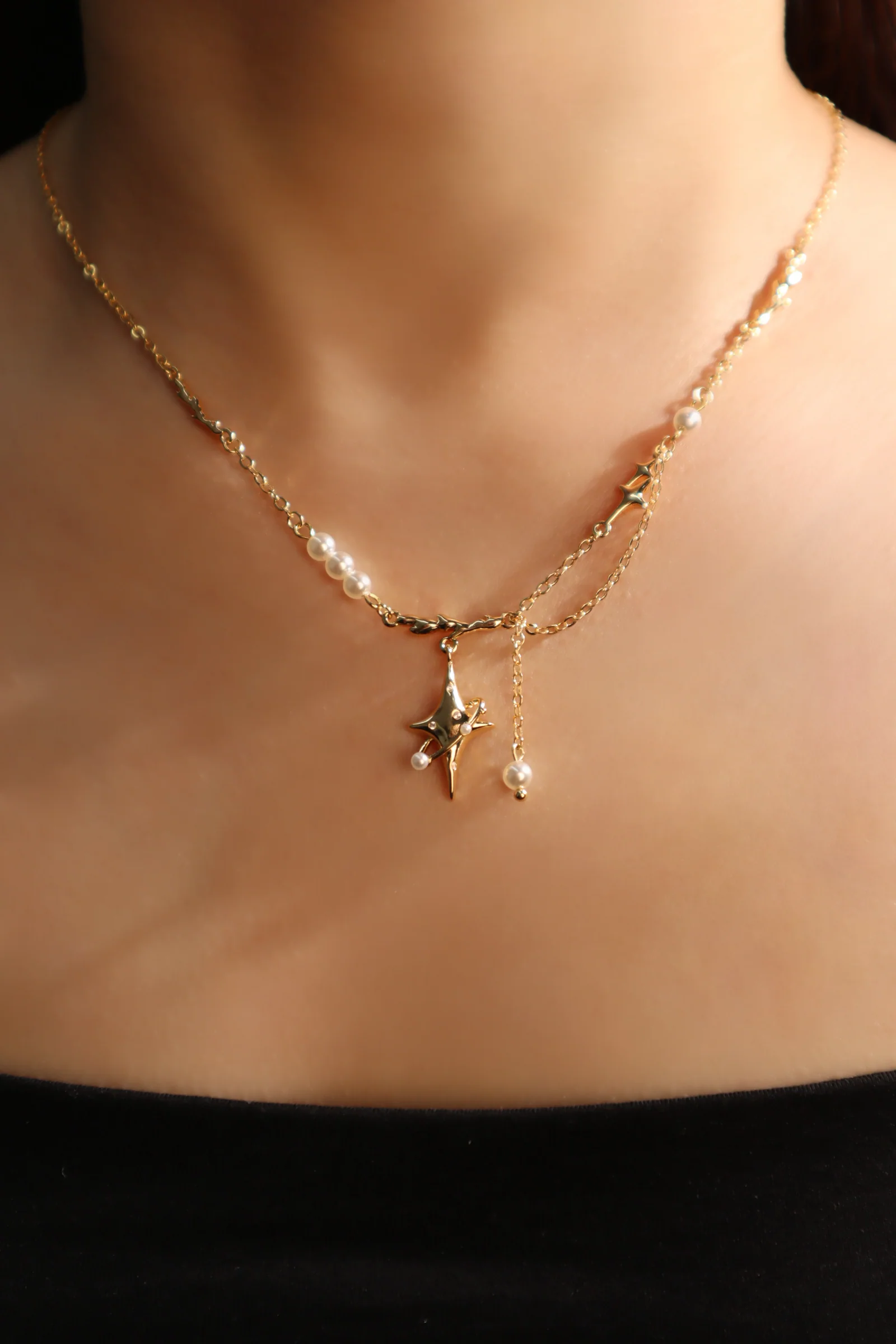 18K Real Gold Plated Saturn Star Spiral Pearls Necklace