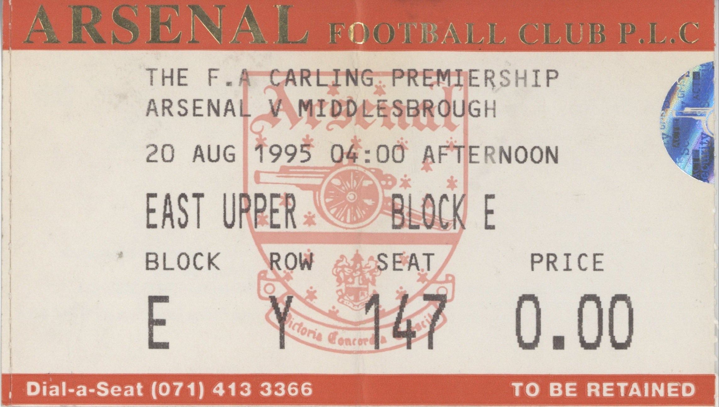 Dennis Bergkamp Premier League Dubut Arsenal Ticket