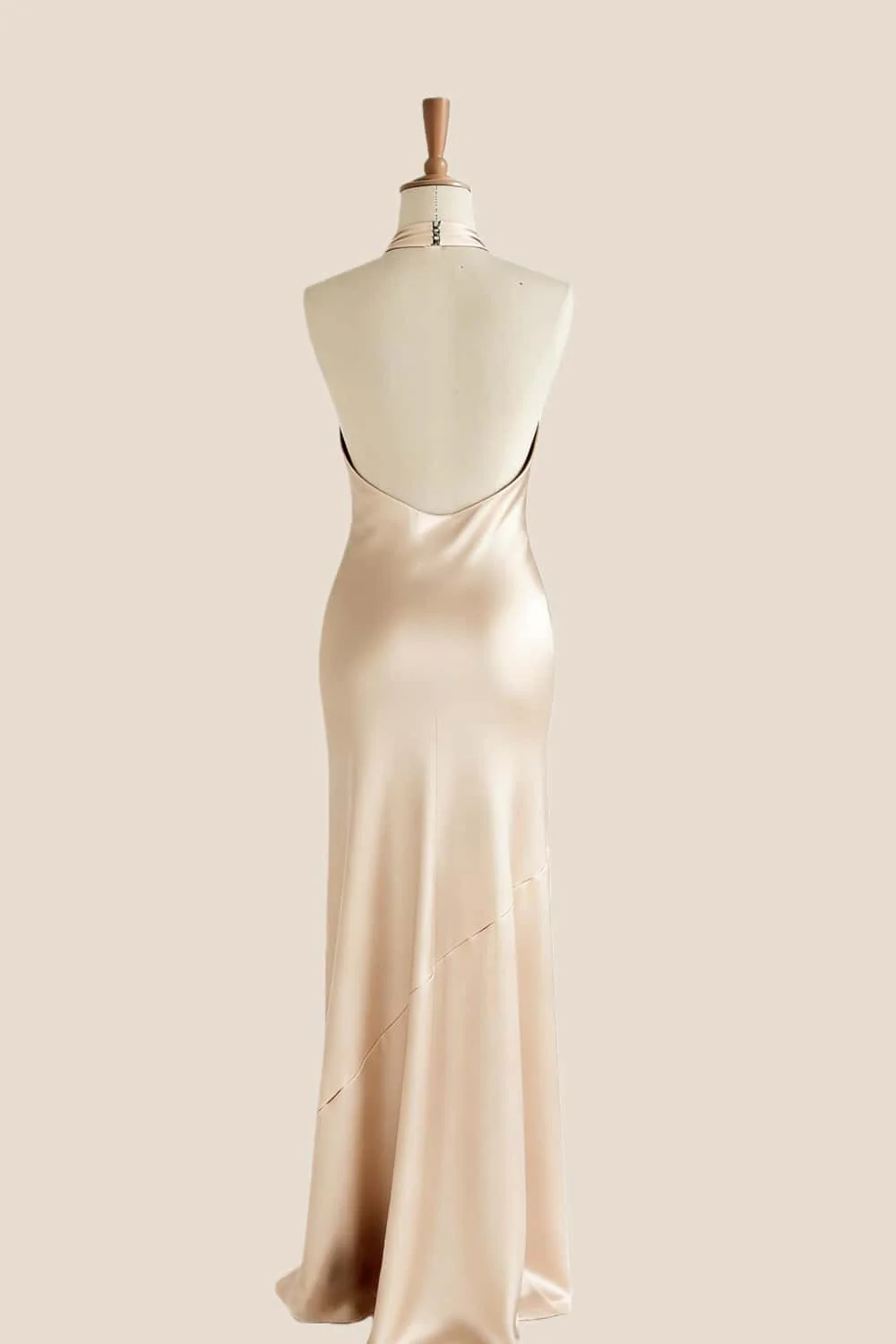 Cross Halter Champagne Satin Fitted Dress