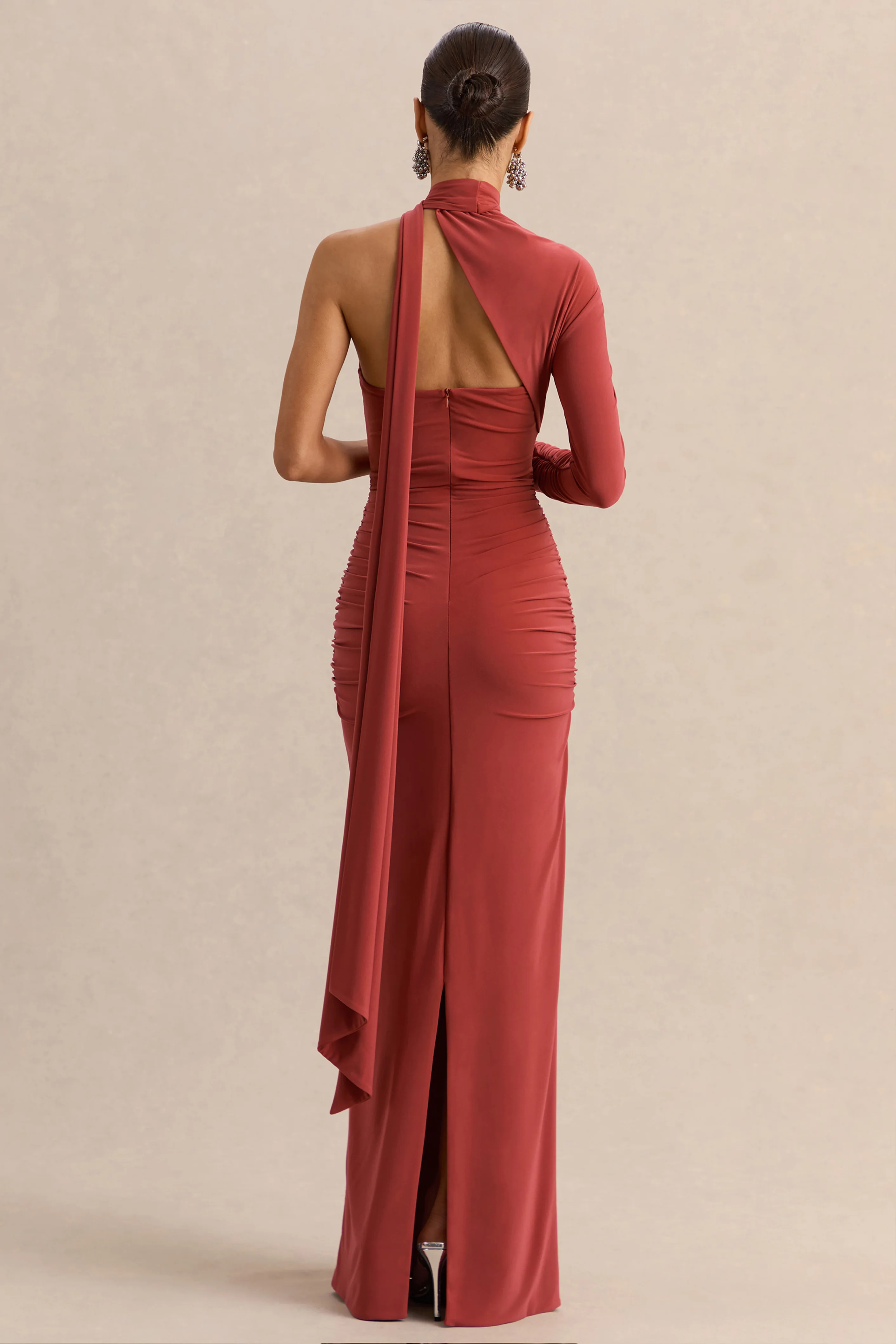 Cerisia | Rust Jersey One Sleeve Maxi Dress With Ruching and Sash