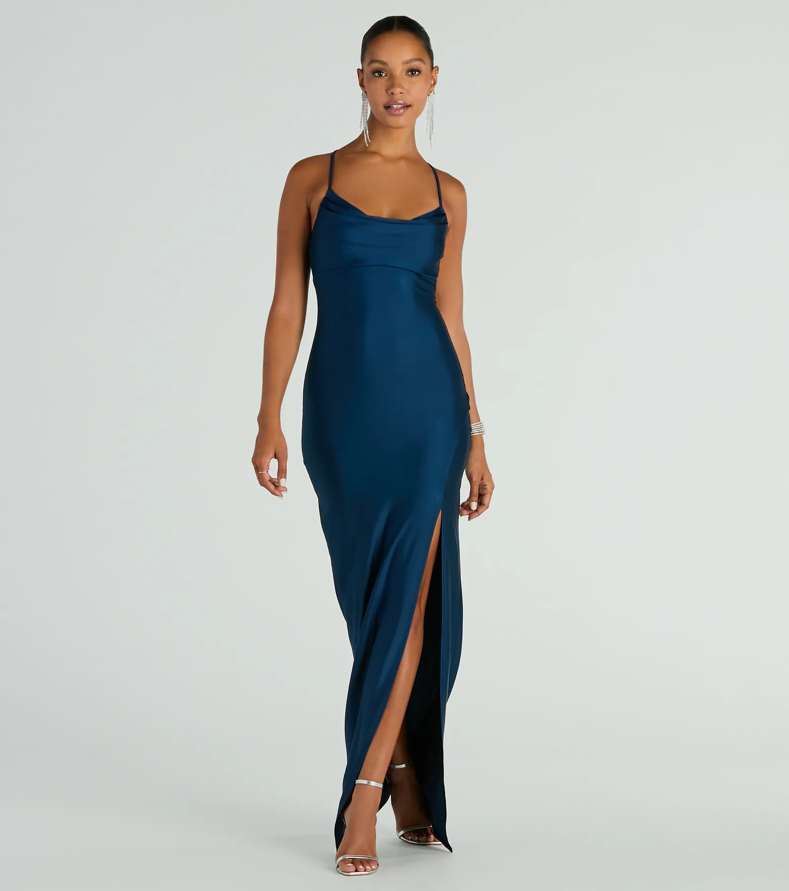 Natalie Cowl Neck Lace-Up Slit Column Dress