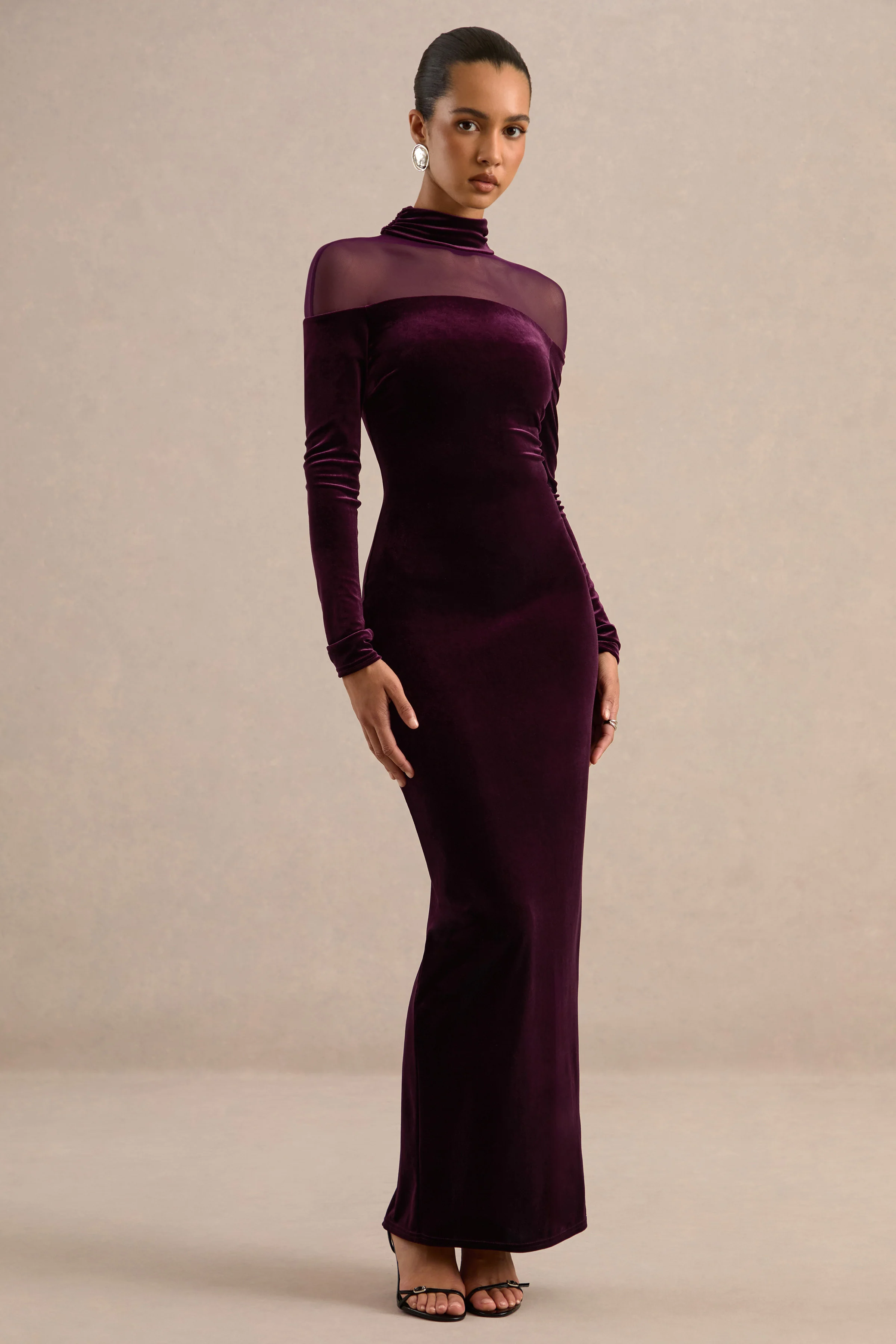 Rosa | Plum Velvet High Neck Long Sleeve Maxi Dress With Sheer Detailing