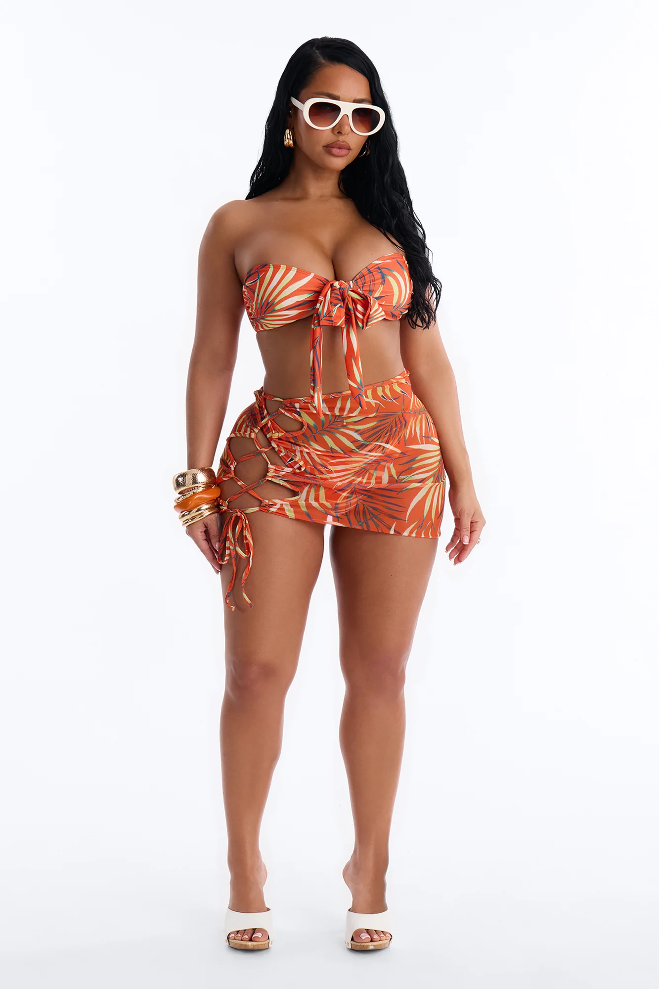 Kayla Tropical Lace Up Front Tie 3 Piece Bikini Skirt Set - Orange/combo