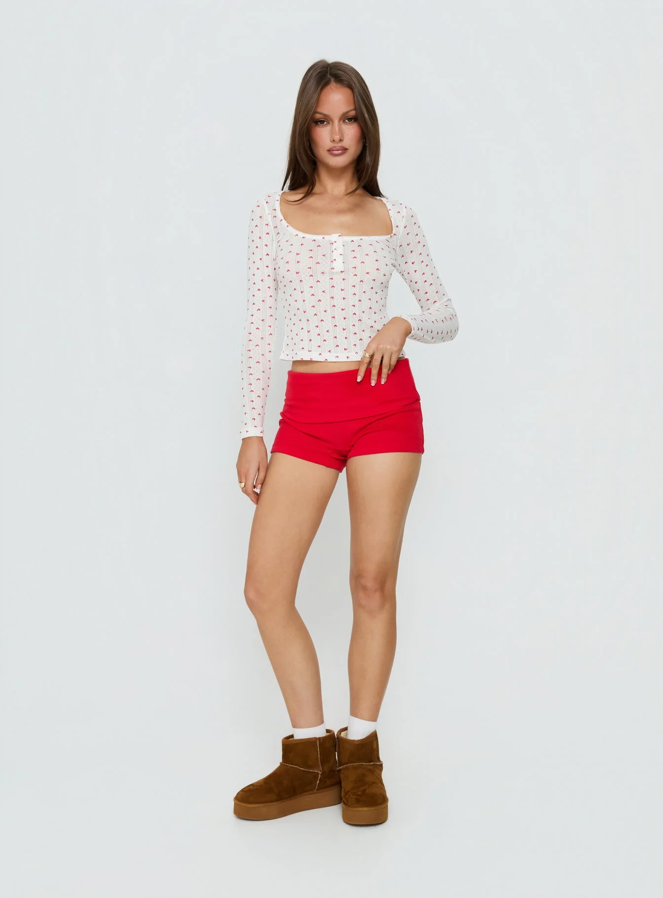 Sleepytea Pointelle Sleep Long Sleeve Top White / Red