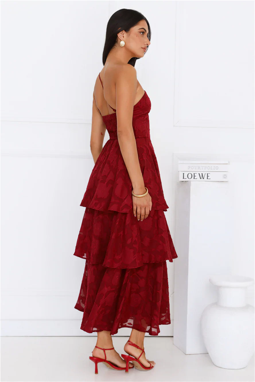 Pixie Petals One Shoulder Maxi Dress Burgundy