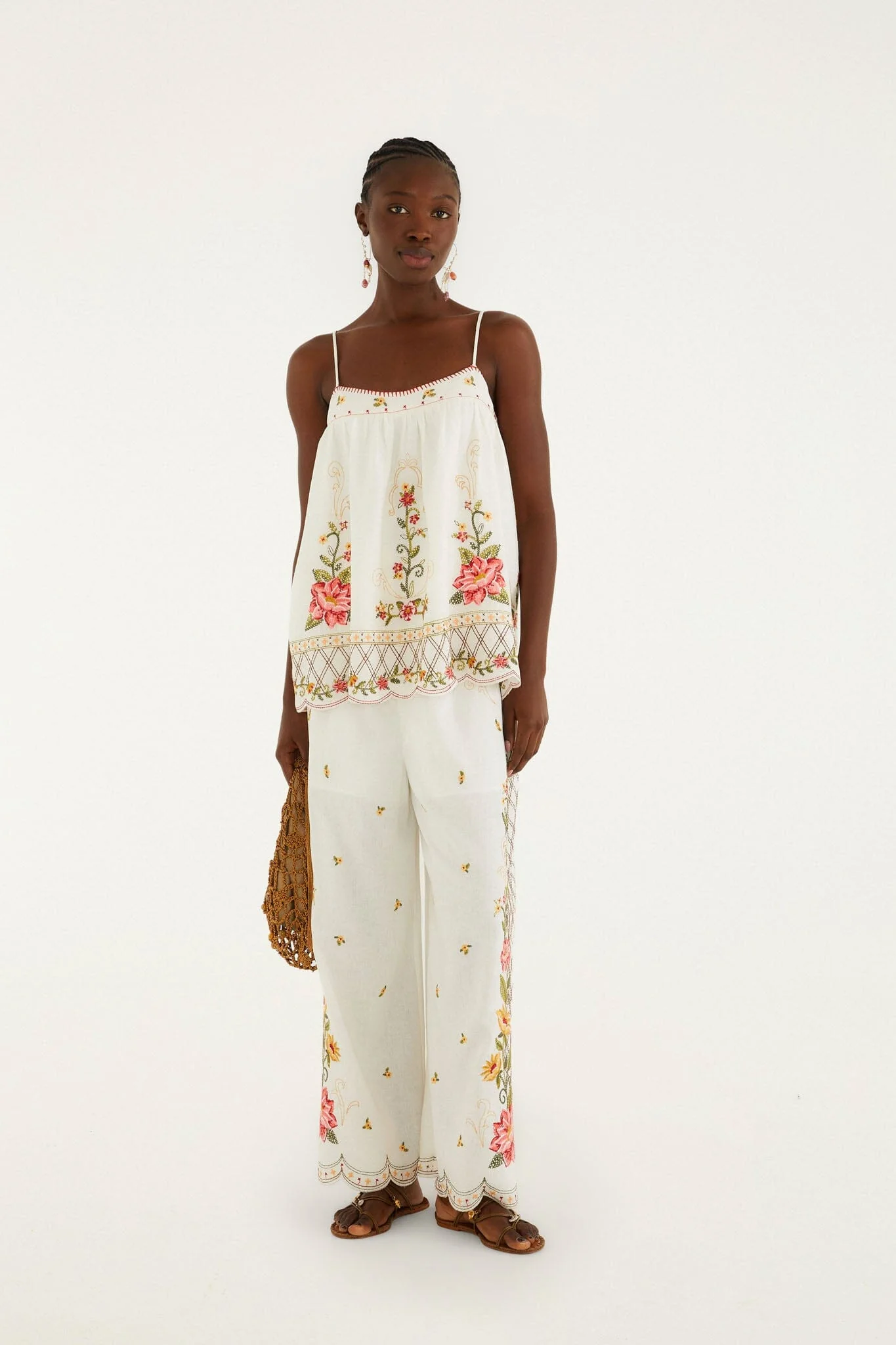 Off-White Flower Embroidery Wide-Leg Pants