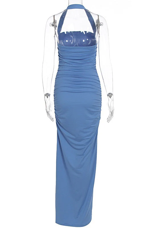 Blue Halter Fitted Long Slit Dress