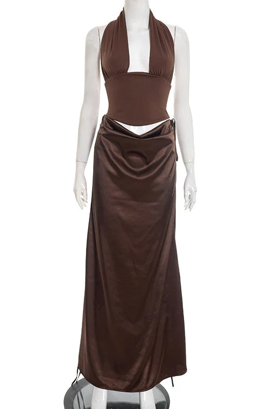 Brown Halter Draped Satin Dress