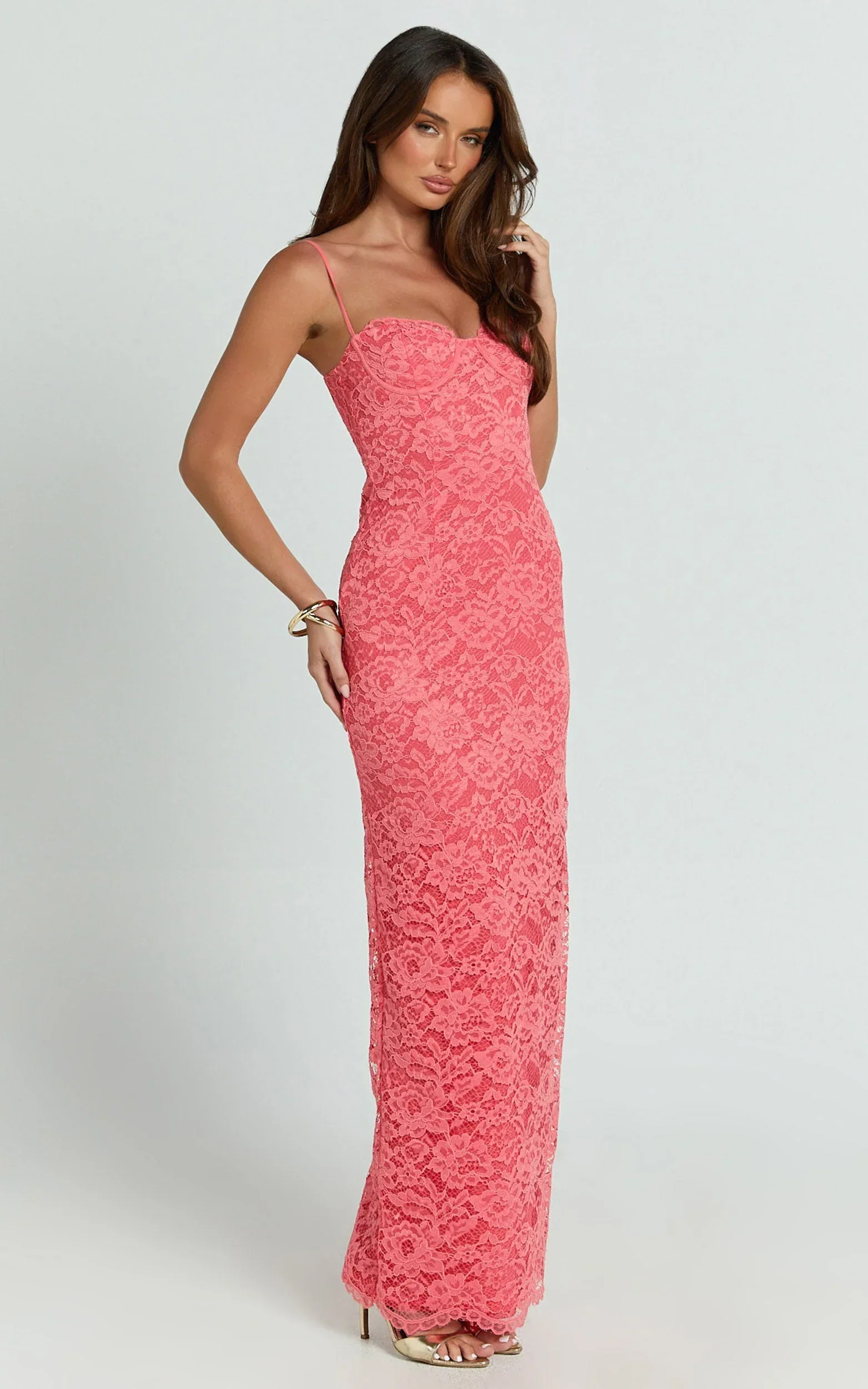 Carli Maxi Dress - Adjustable Strap Corset Bodycon Lace Dress in Watermelon