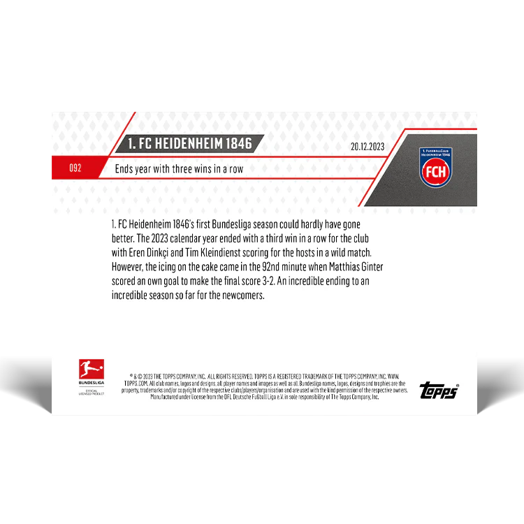 Topps UK - 1. FC Heidenheim 1846 - Ends year with three wins in a row - Bundesliga TOPPS NOW® Card #92