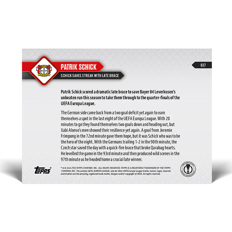Topps UK - Patrik Schick - Schick saves streak with late brace - UEL TOPPS NOW® Card #37