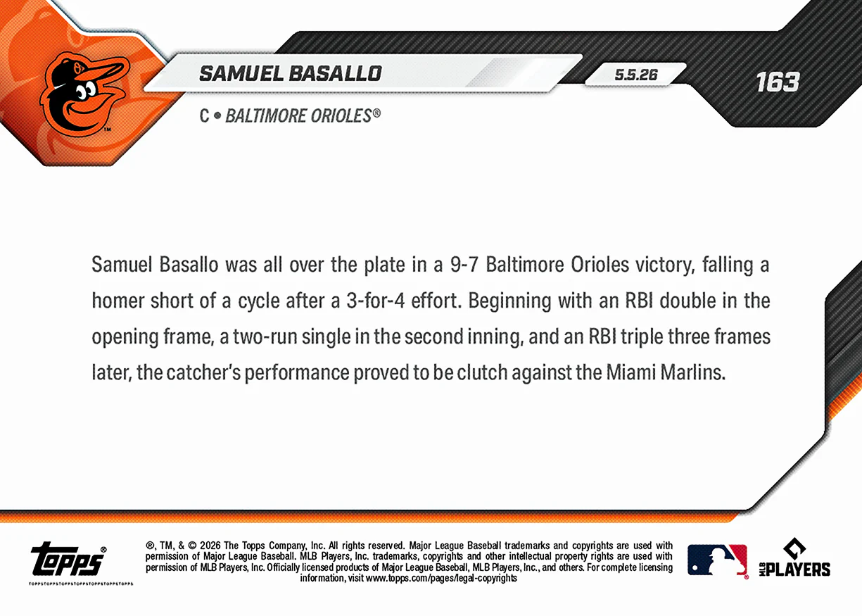 Samuel Basallo - 2026 MLB Topps NOW® - Card 163 - PR: 761