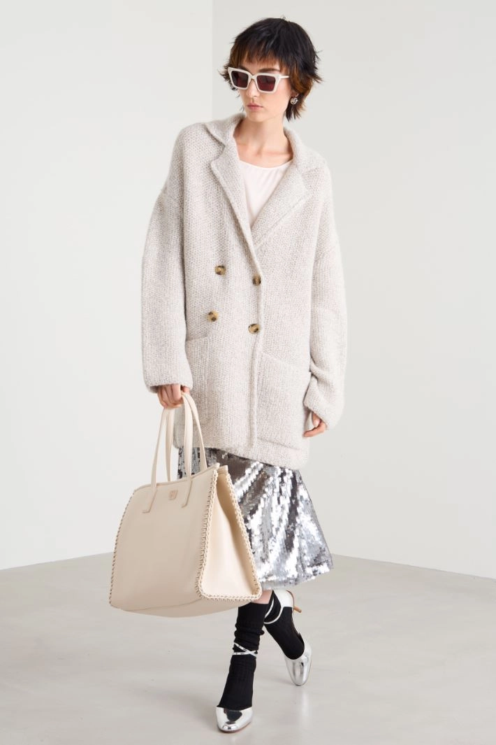 Fringed knitted pea coat - IVORY