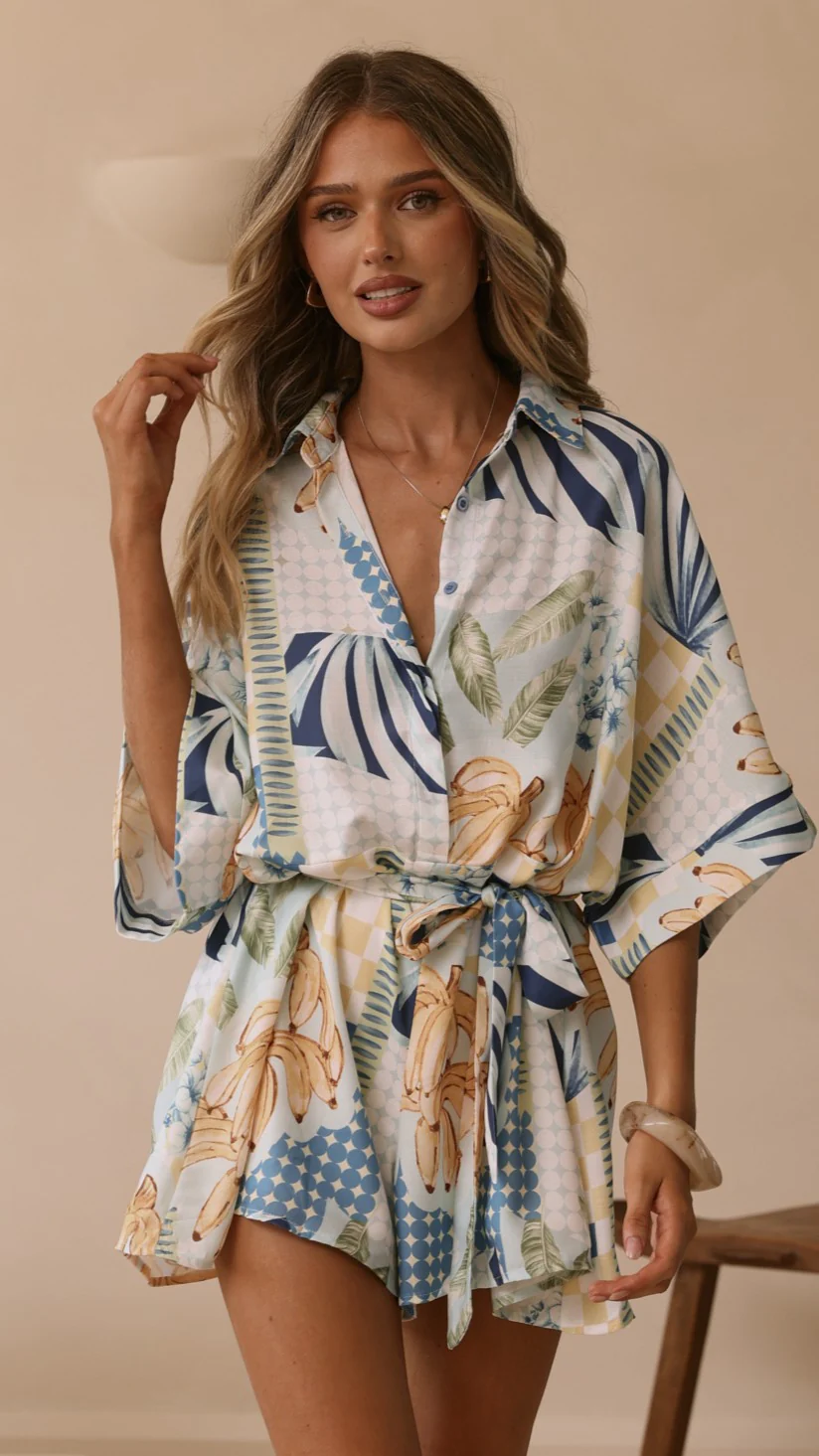 Farrah Playsuit - Blue/Yellow Print
