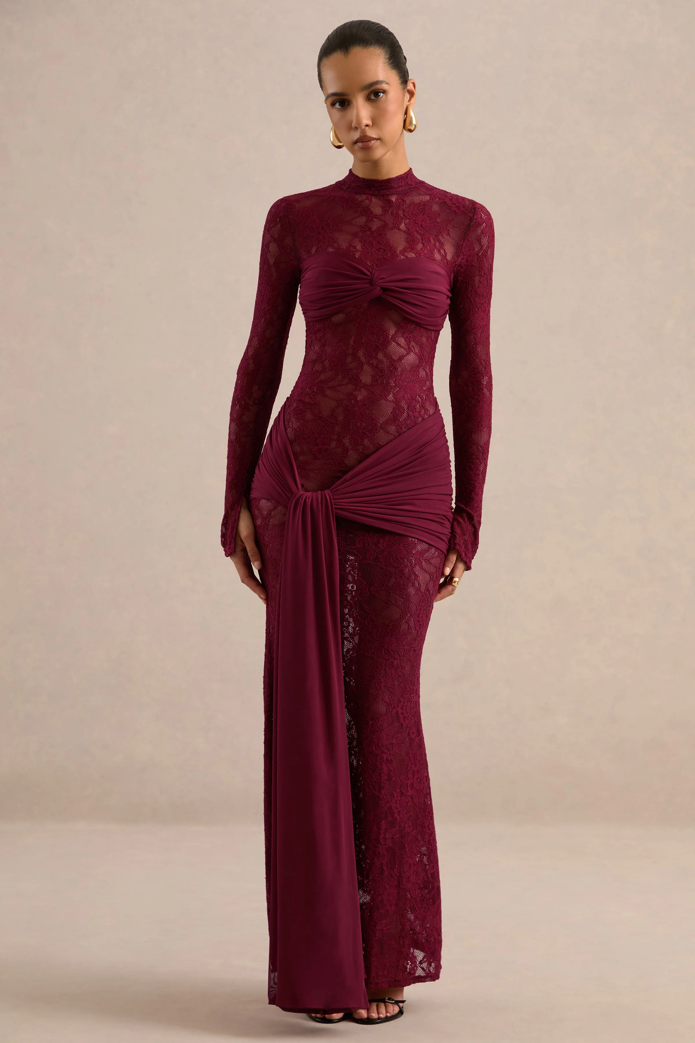 Akira | Red Sheer Lace High Neck Long Sleeve Maxi Dress With Gathered Detailing And Sash