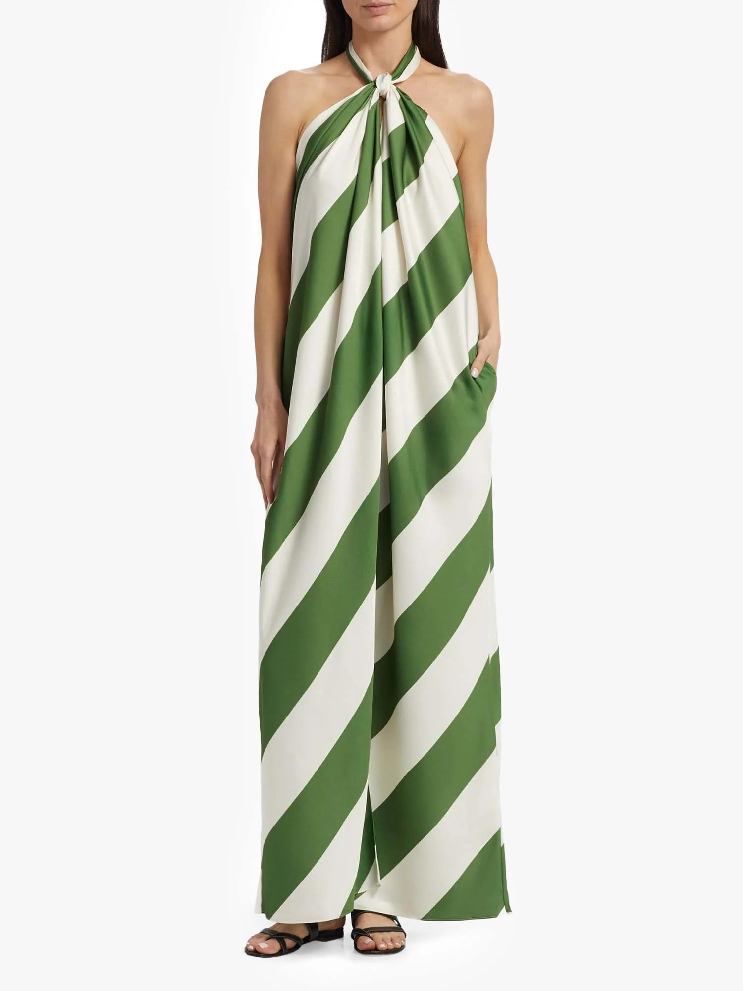 Green Diagonal Stripe Halter Maxi Dress