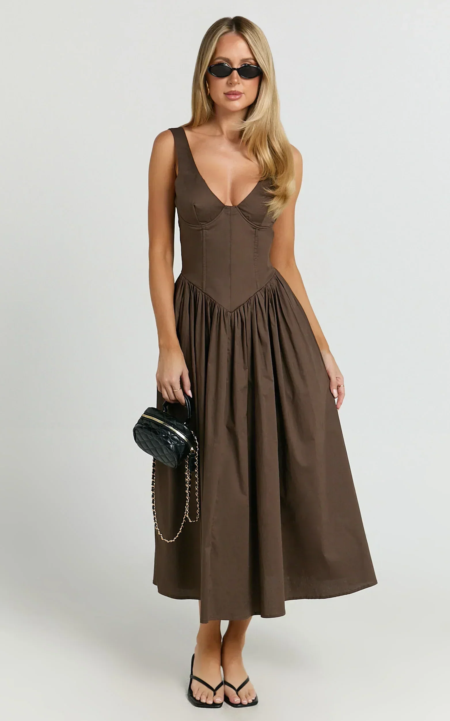 Beckett Midi Dress Scoop Neck Drop V Waist Gathered Skirt Dress in Dark Chocolate