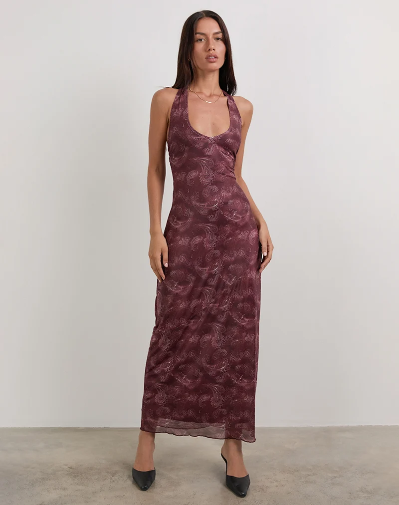 Datari Maxi Dress in Mesh Tonal Paisley Plum
