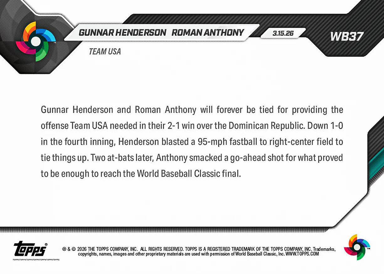 Gunnar Henderson / Roman Anthony - 2026 World Baseball Classic Topps NOW® - Card 37