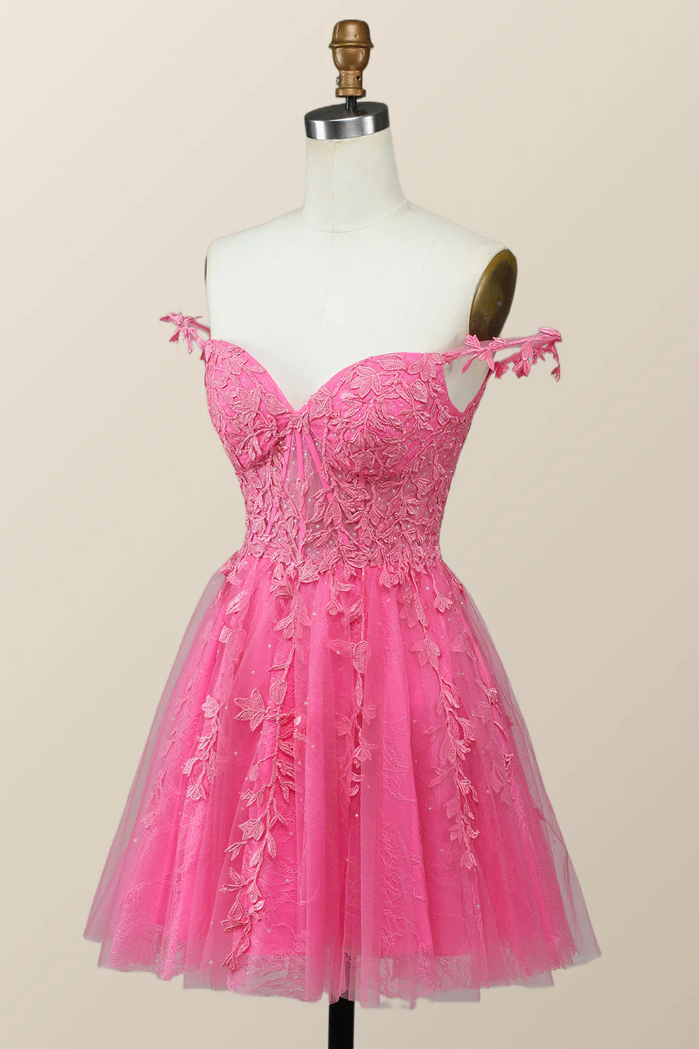 Off the Shoulder Hot Pink Lace Short Homecoming Dress