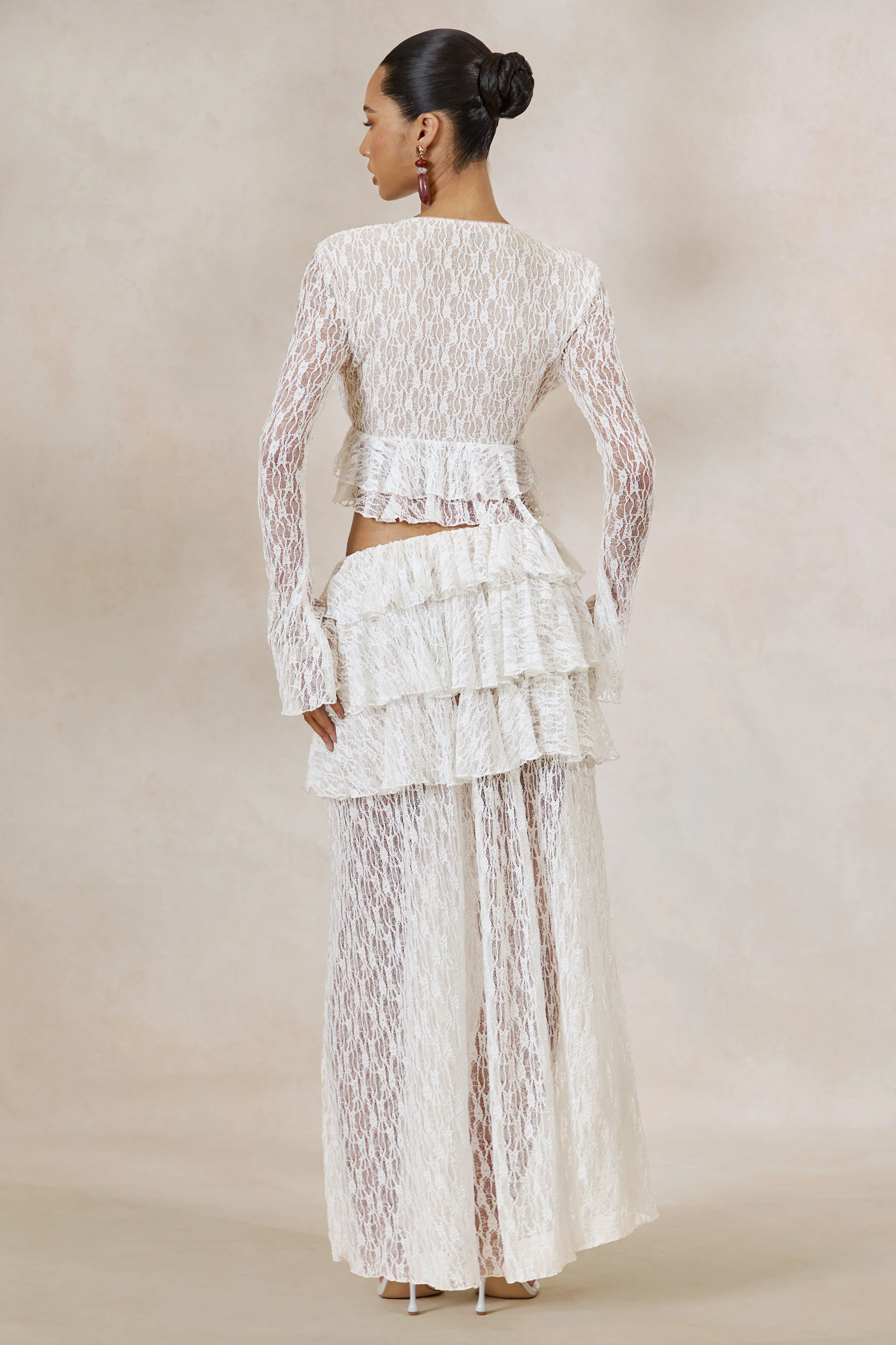 Astella | White Lace Asymmetric-Waist Maxi Skirt With Ruffled Detailing