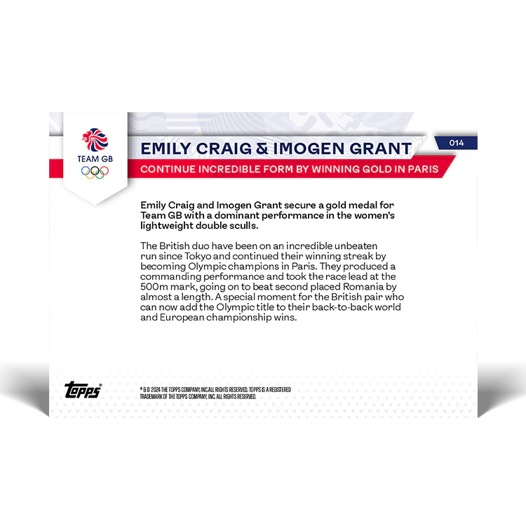 Emily Craig & Imogen Grant - Continue incredible form by winning gold in Paris - 2024 Team GB TOPPS NOW® Card 14