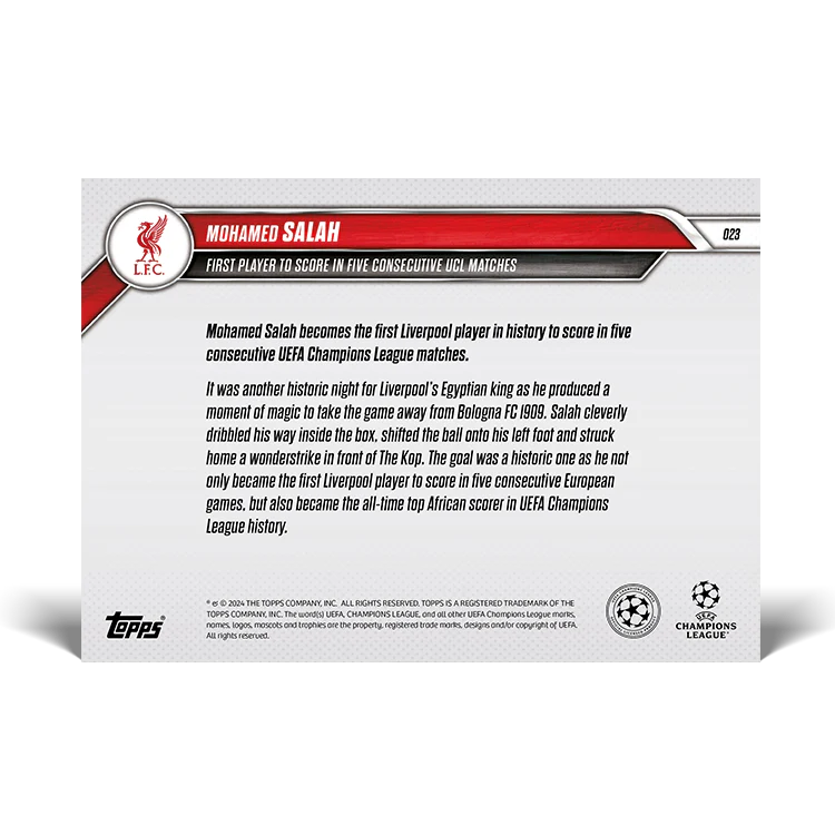 Mohamed Salah - Club Record: First player to score in five consecutive UCL matches - 24/25 UCC Topps NOW® Card 23