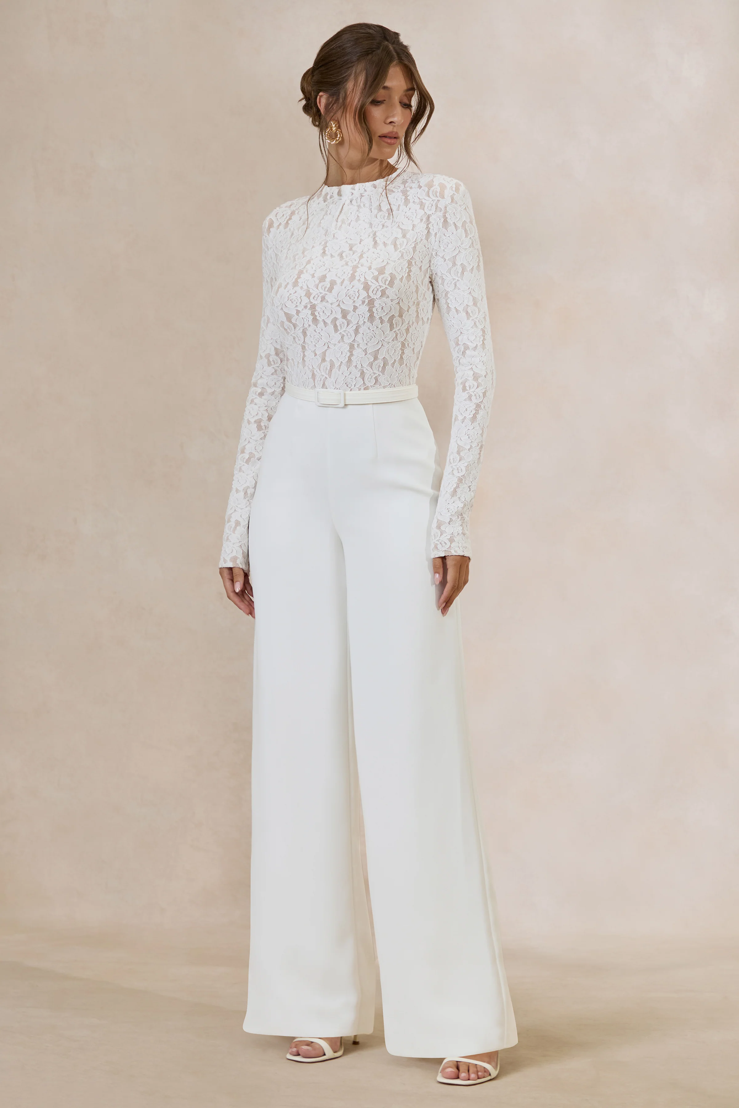Romancea | White Lace High-Neck Jumpsuit With Belt Detail