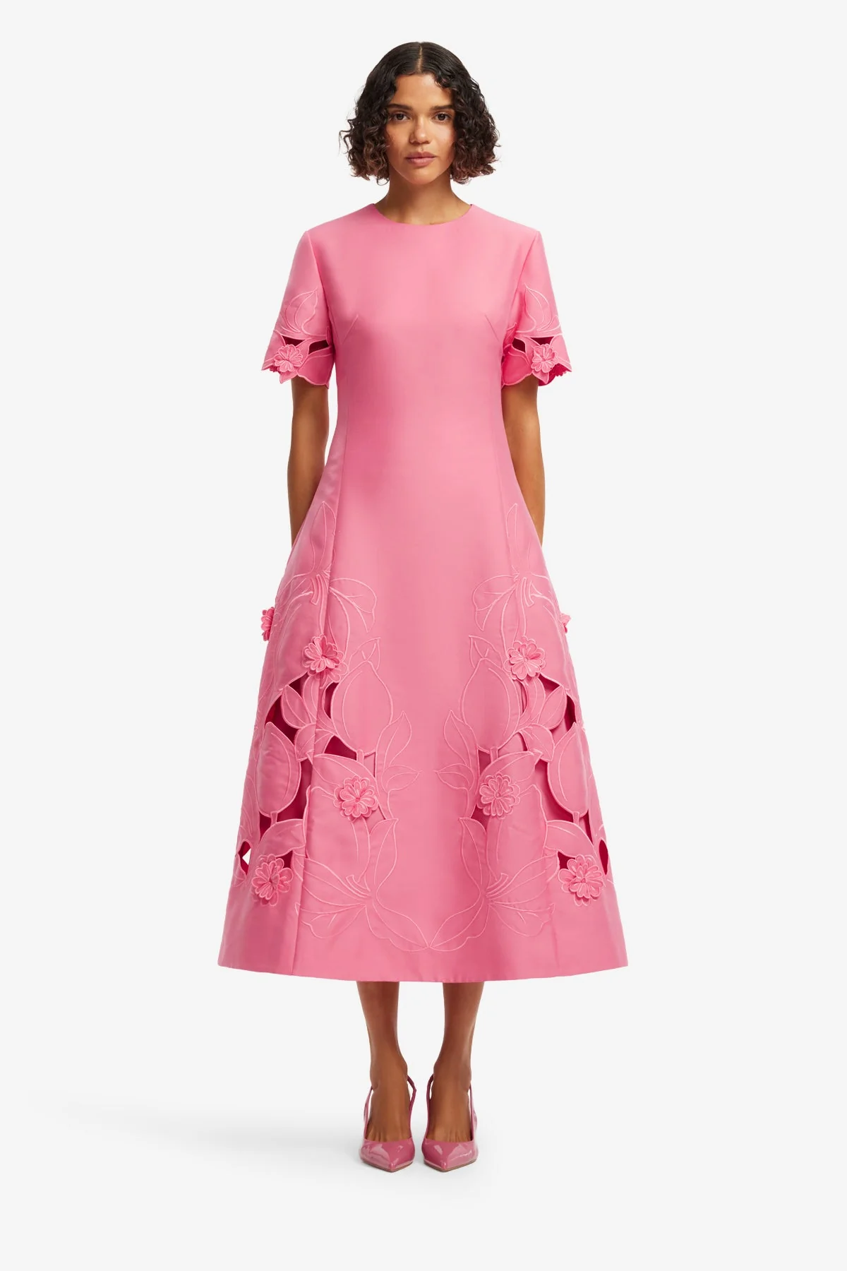 Caroline Appliqué Short Sleeve Midi Dress - Fuchsia