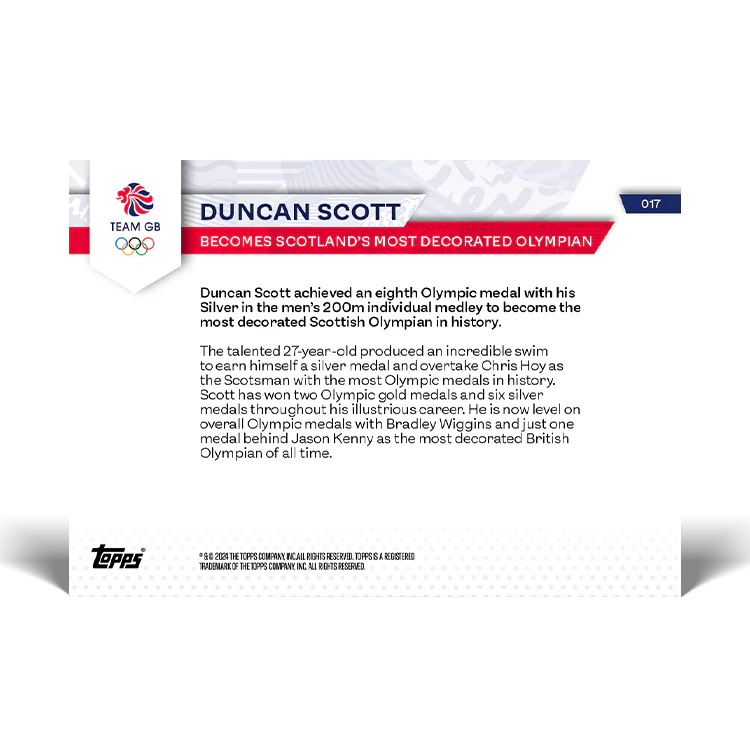 Duncan Scott - Becomes Scotland's most decorated Olympian - 2024 Team GB TOPPS NOW® Card 17