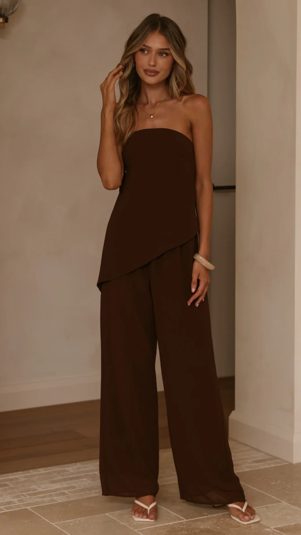 Zabrina Semi Sheer Strapless Top and Pants Set - Chocolate