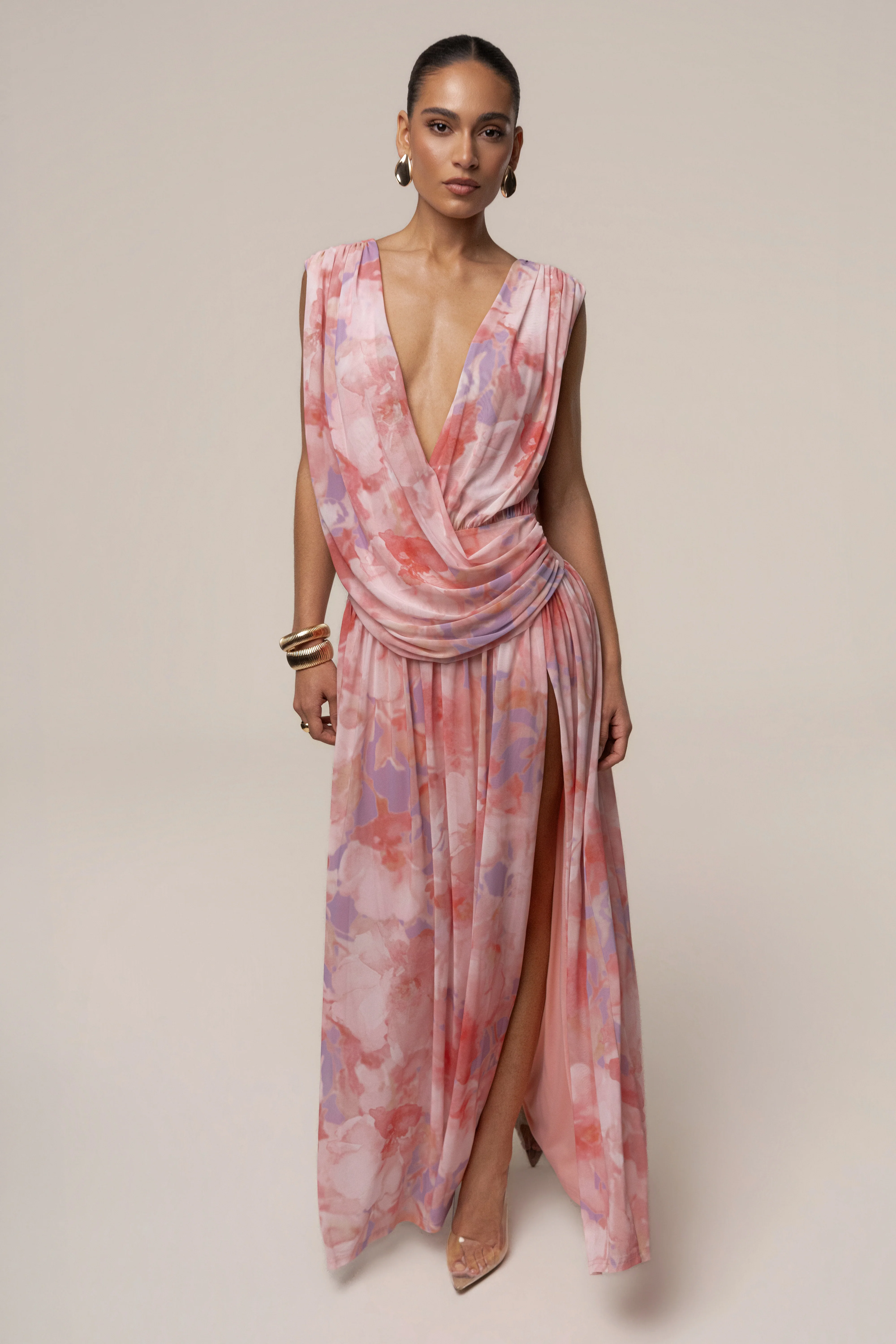 Pink Bloom Evening Flow Draped Maxi Dress