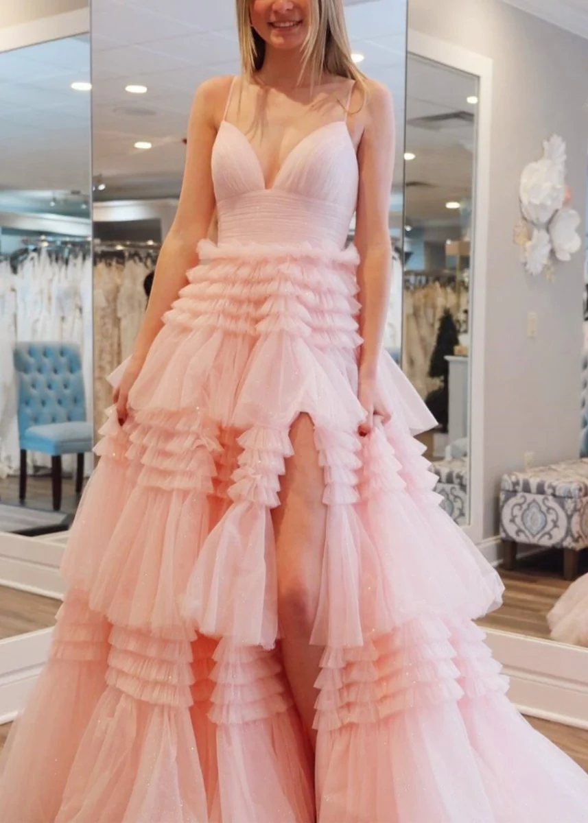 Amanda| A-Line Spaghetti Straps Long Tiered Tulle Prom Dress With Split