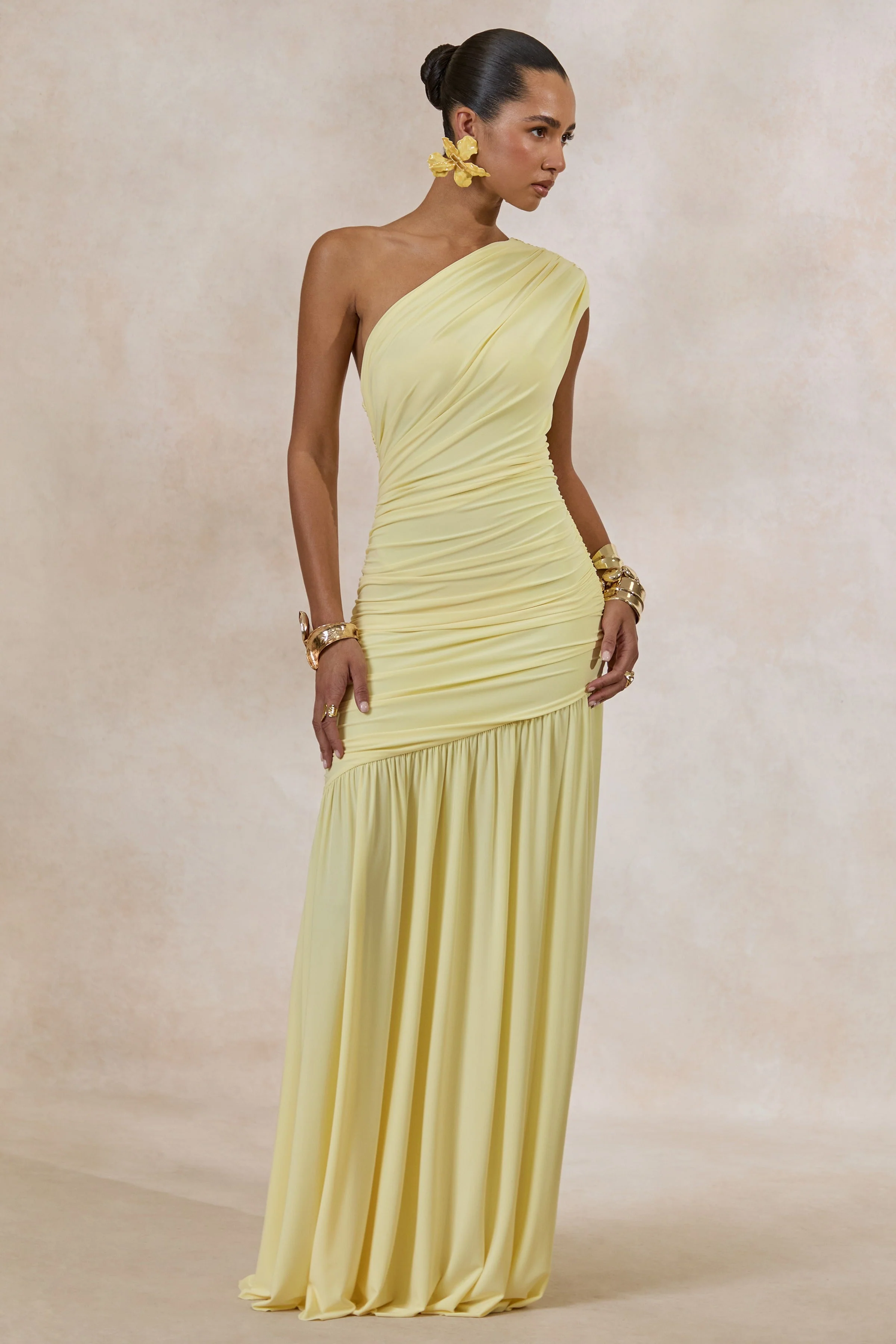 Alaya | Lemon Asymmetric-Neck Maxi Dress With Drop-Waist