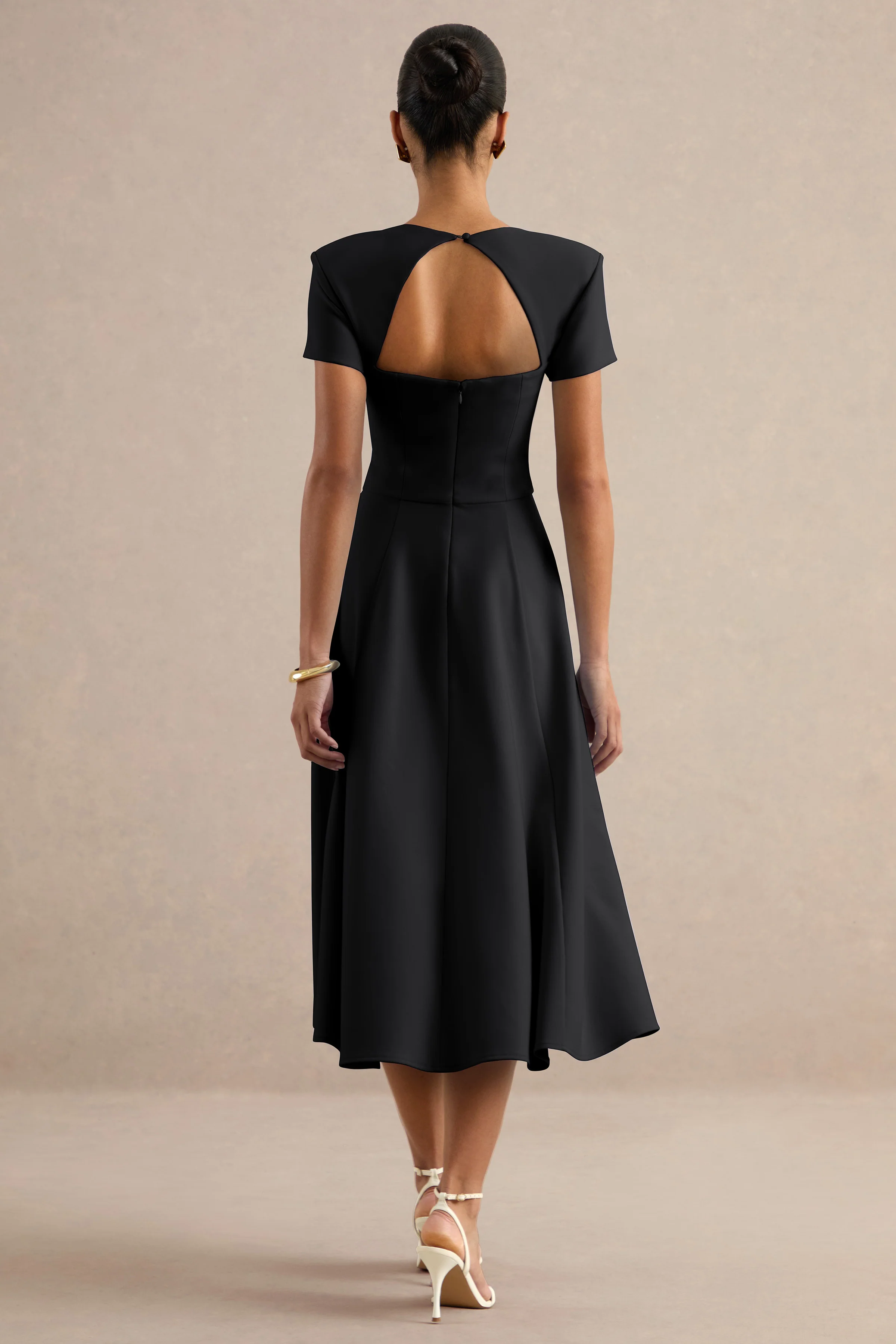 Donia | Black Square Neck Short Sleeve A-Line Midi Dress