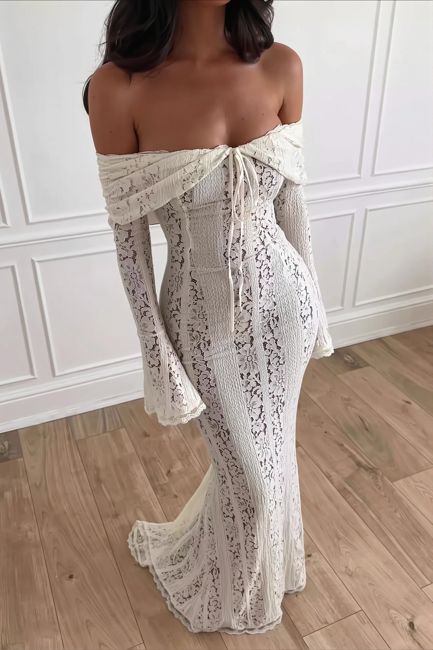 Lace Bandeau Long Sleeve Bodycon Maxi Dress