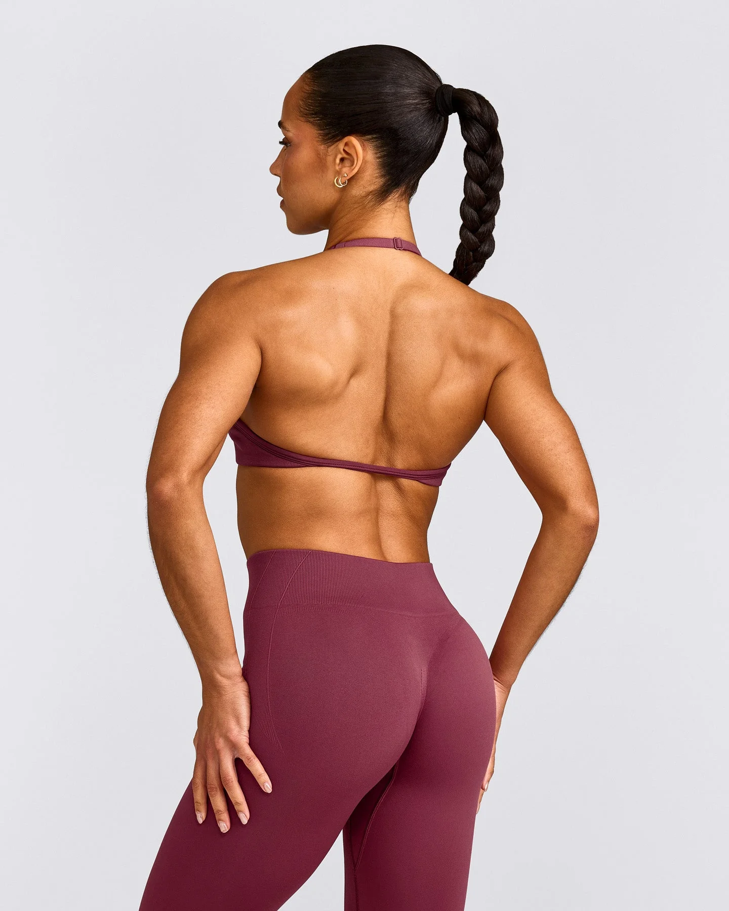 EnhanceLift™ Seamless Minimal Halter Neck Bralette with Grey Logo | Burnt Maroon