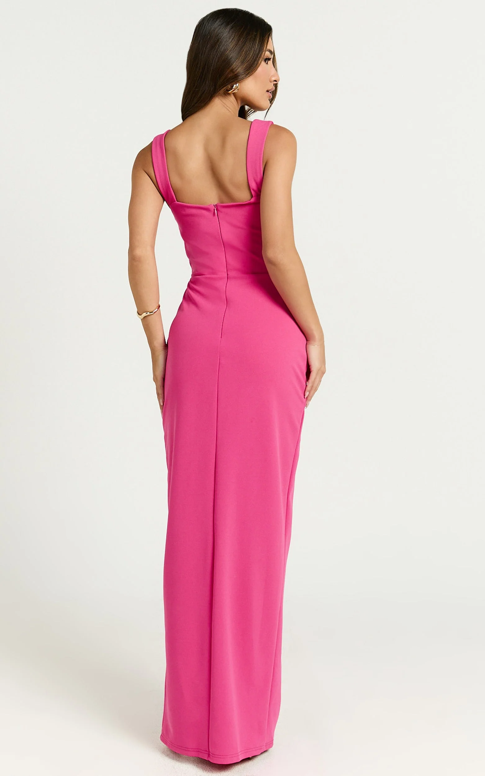 Donna Maxi Dress - Cowl Neck Column High Split Dress in Hot Pink