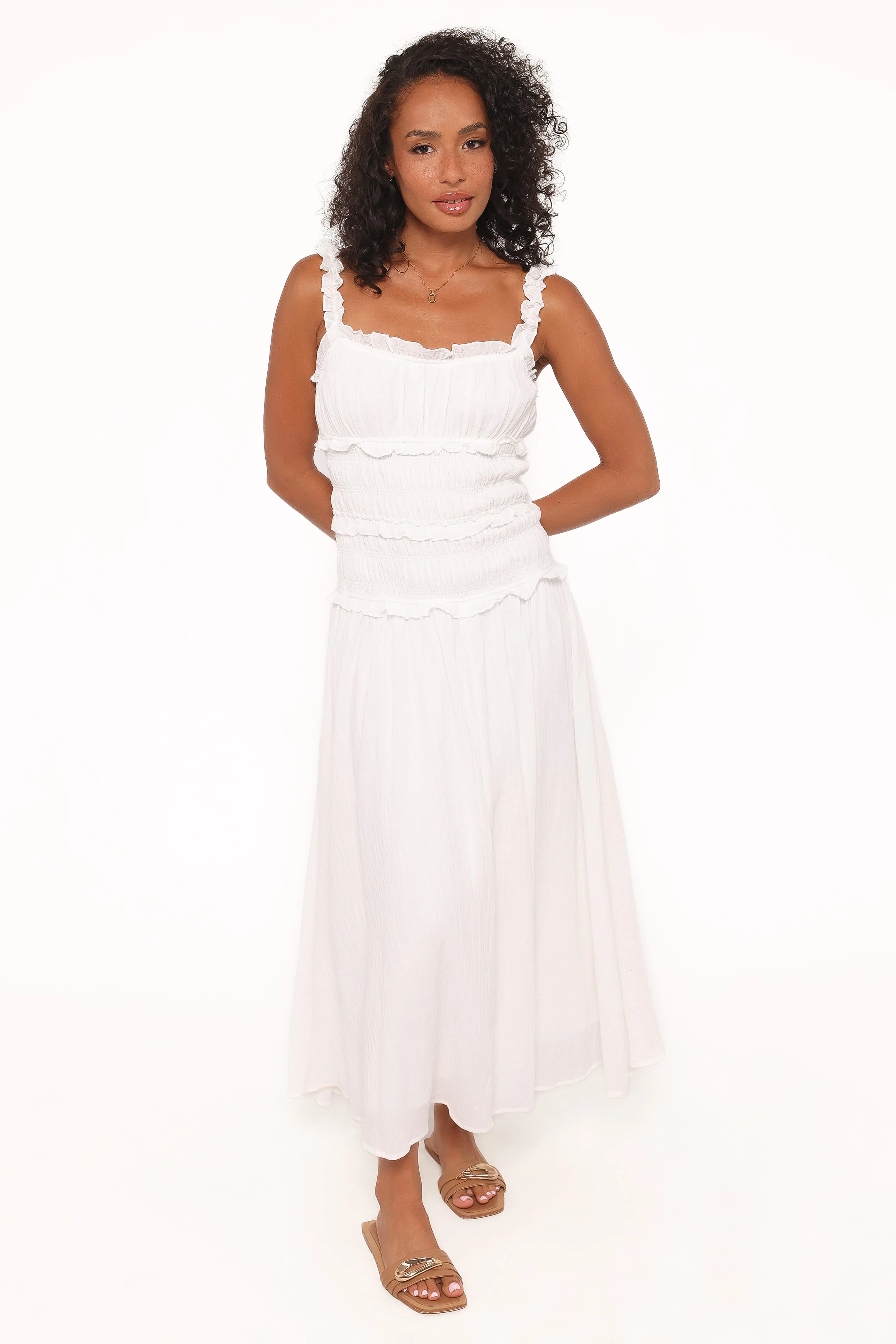Enola Gather Midi Dress - White