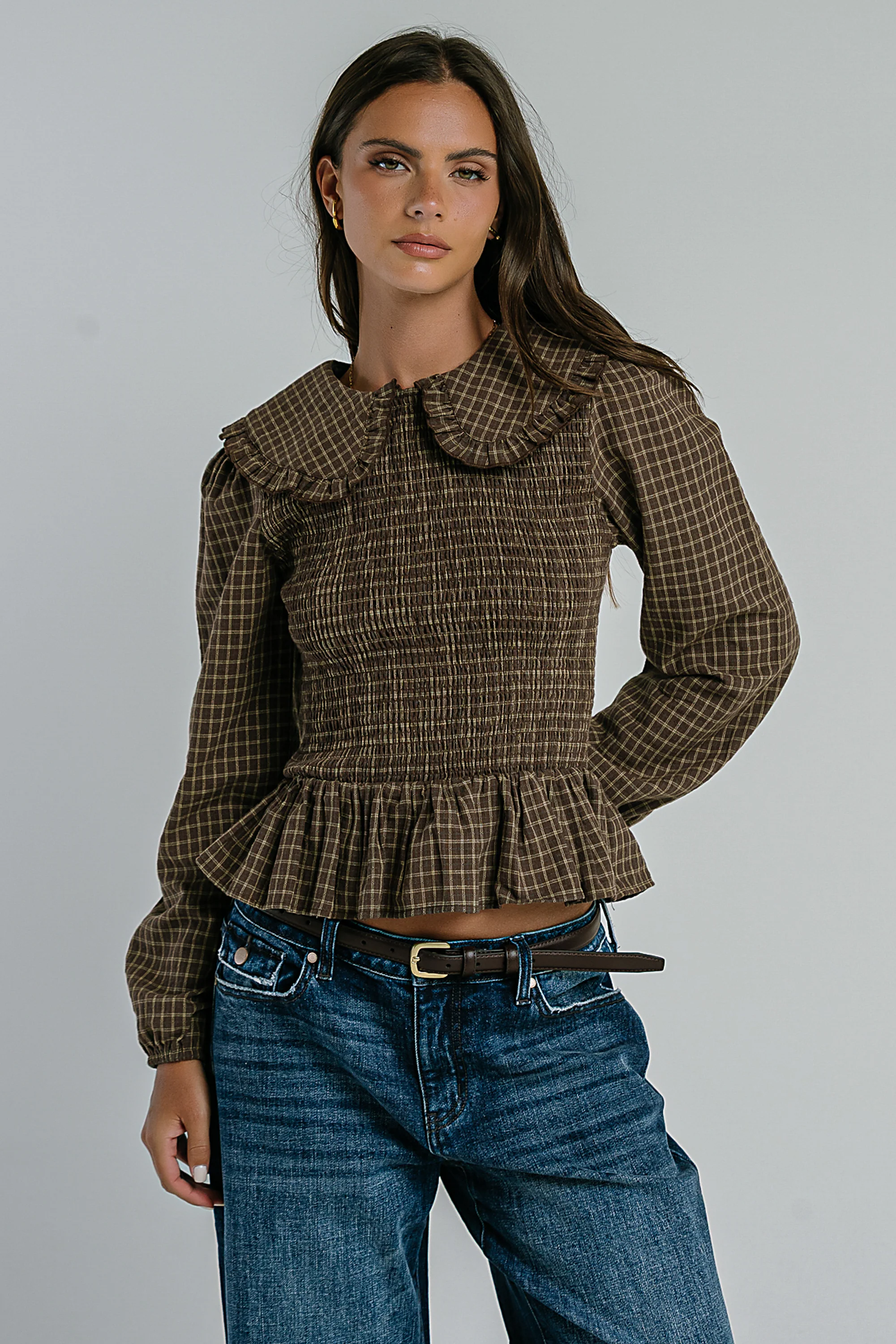 Kristy Smocked Blouse in Brown
