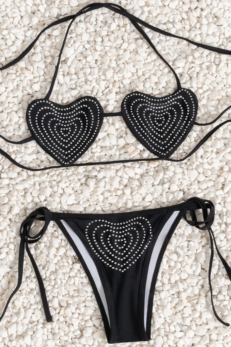 Heart Rhinestone Low Waist Bikini Set