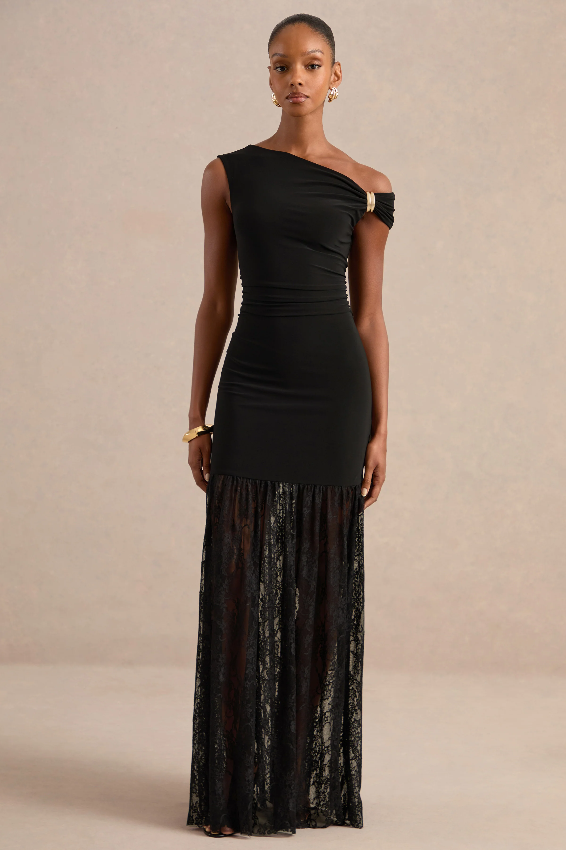 Iolana | Black Jersey One Shoulder Maxi Dress With Lace Skirt and Gold Detailing