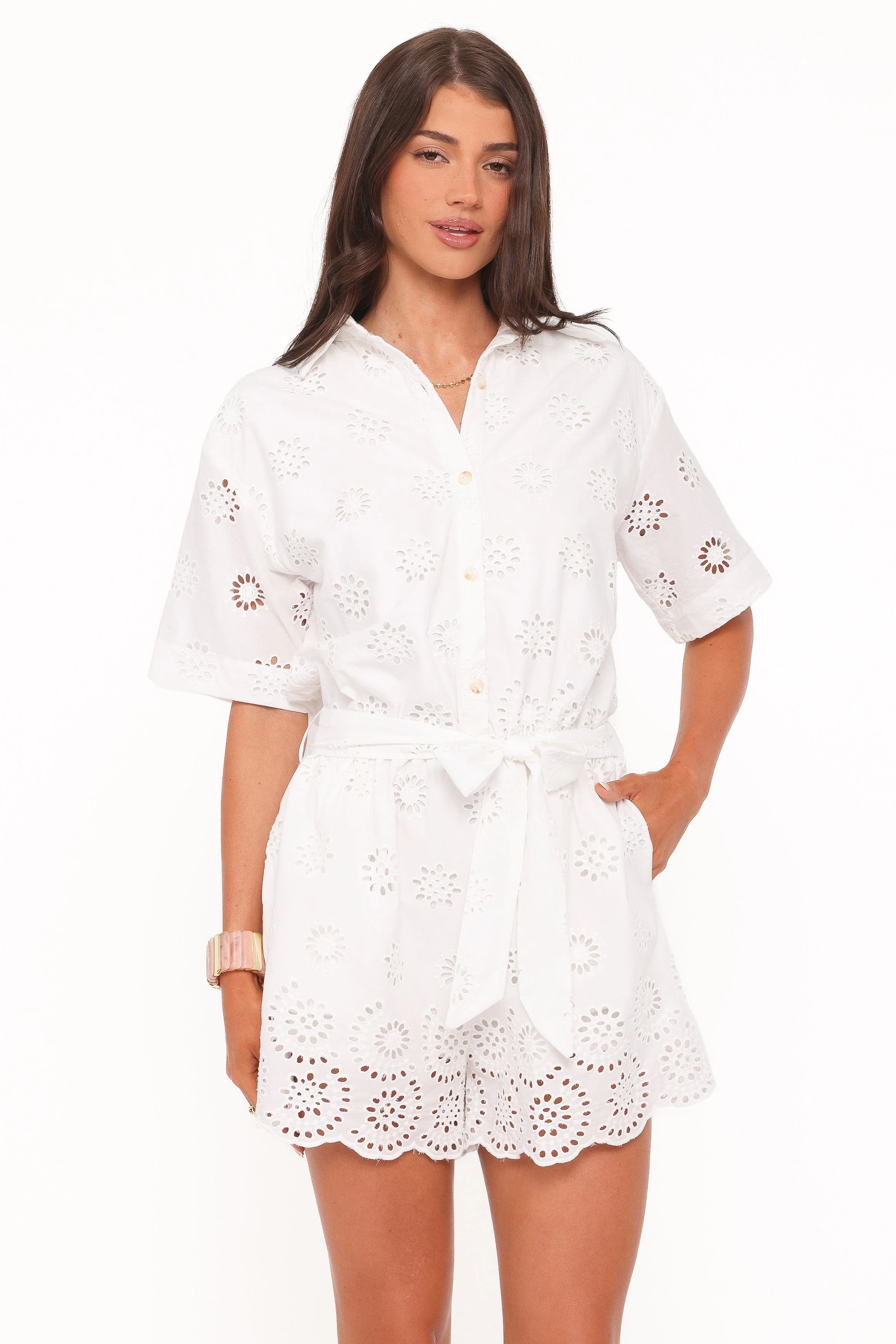 Jamie Tie Front Romper - White Broderie