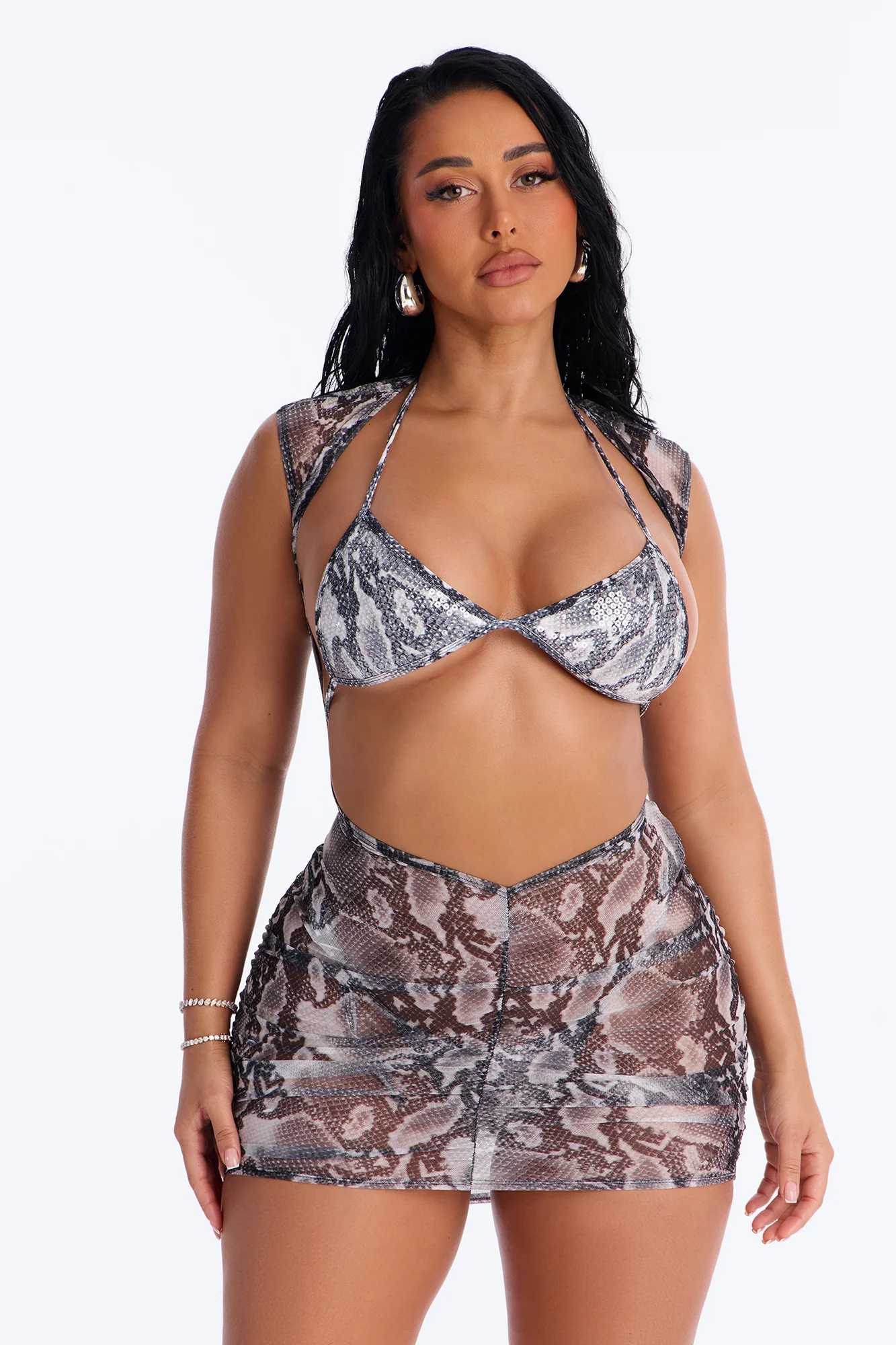 Mojitos And Summer Heat Snake Deep V-Neck Swim Cover Up Mini Dress - Black/White