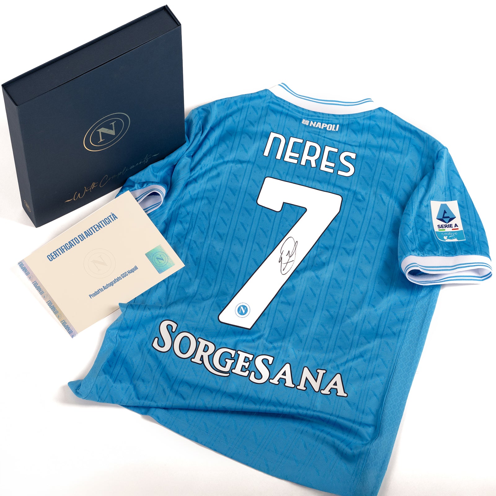 SSC Napoli Match Jersey Home 2025/2026 Signed by Neres in Premium Box