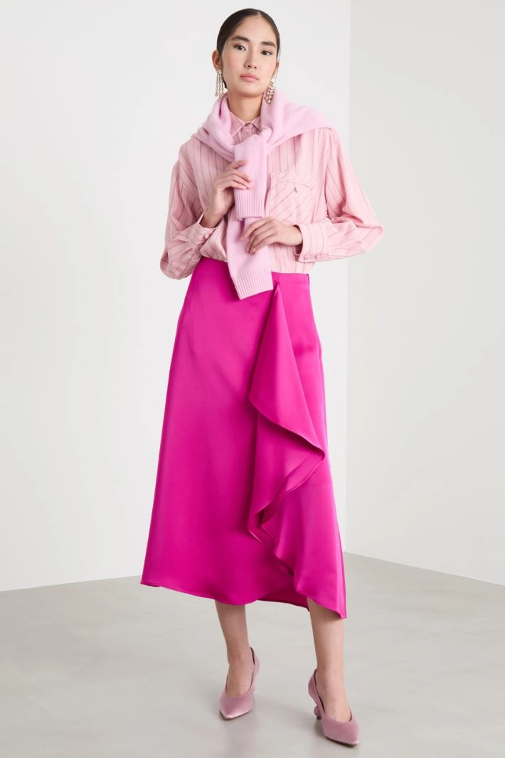 Satin skirt with maxi-flounce - FUCHSIA
